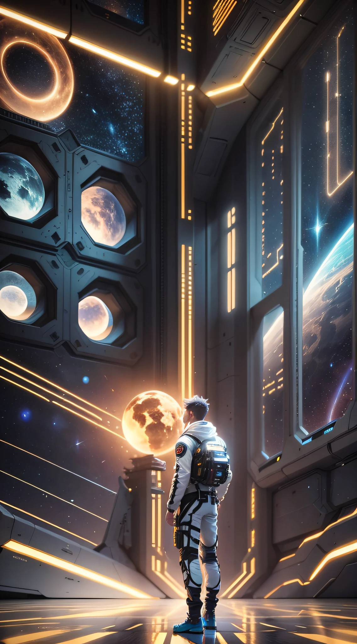 man from the back in front of a huge spaceship, celestial bodies in the background environment, lights, fluorescent colors, Full body + ultra, realistic, ultra realistic details, cinematic style Clear Light + full body, 8k, rendering, ultra detailed, light side, sunlight, beauty, clear light --auto --s2