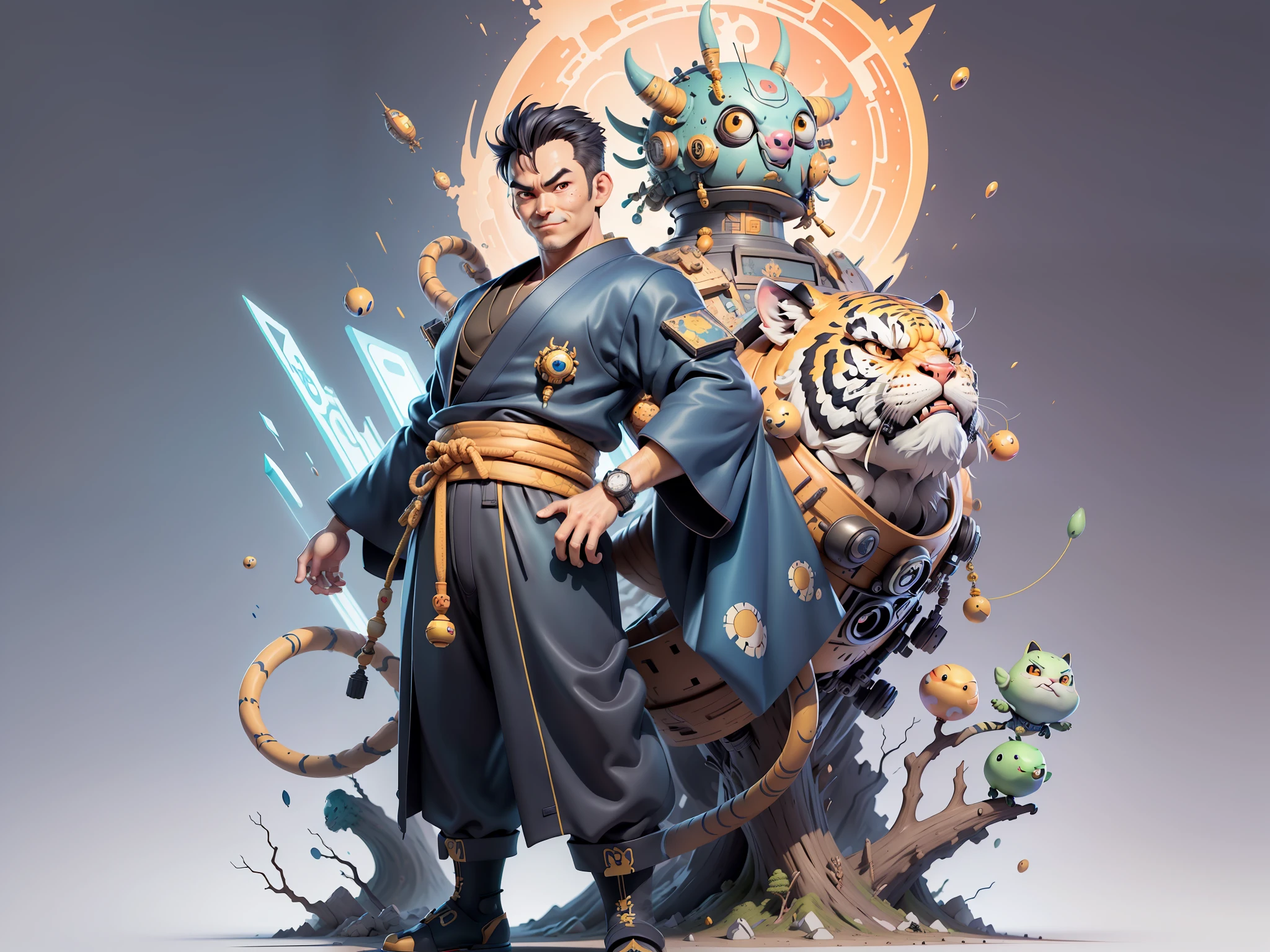 (Masterpiece), (Excellent), (Super Meticulous), (Full Body: 1.2), Super Young Man, Oriental Face, Japanese Kimono, Japanese Wind Thunder God, Dragon, Tiger, TV Anchor, Bust Portrait Illustration, Alone, Black Suit, Blue Tie, Slightly Chubby Face, Very Clean Face, No Beard, Black Super Short Hair, Black Eyes, Confident Smile, 3c Computer Sub-Products, iPad, iPhone, Digital Painting, 3D Character Design by Akira Toriyama and Mark Claireden and Pixar and Hayao Miyazaki, The illustration is a high-definition illustration in 4K resolution with very detailed facial features and cartoon-style visuals.