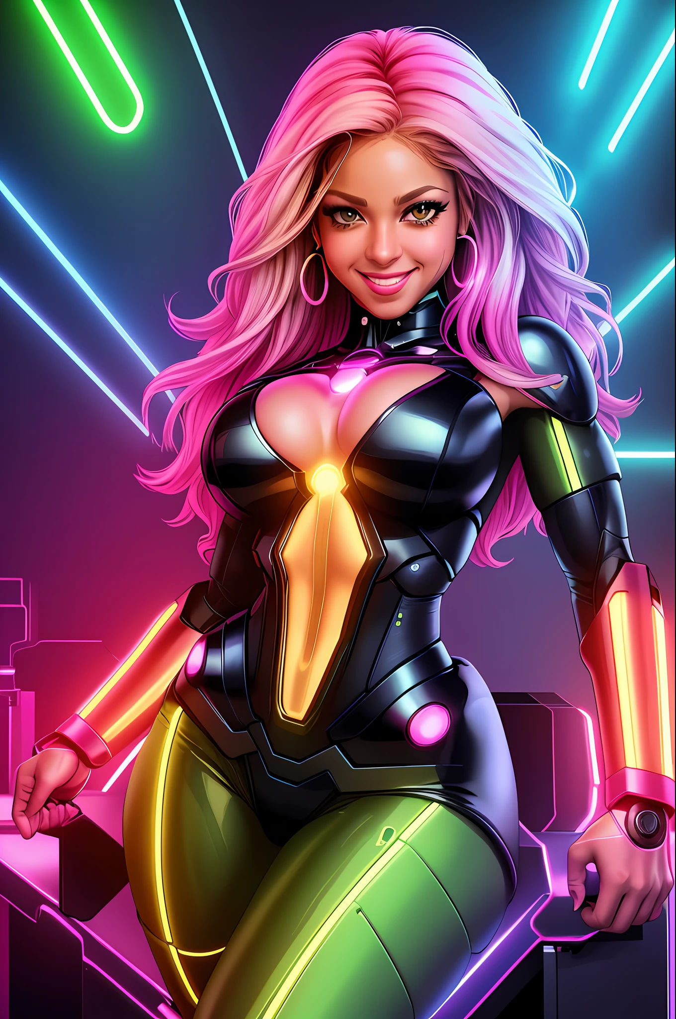 Shakira style, cyborg woman, full body, (neon lights: 1.1), bright colors, (thepit bimbo :0.5), bright, sexy, cyborg, robot, exposed parts, exposed mechanics, ((cyborg body with exposed mechanics))

[Anita],, looking at the viewer, smile, symmetrical, centered, closeup, extreme closeup, upper body, cleavage focus,
milf, female, athletic, fit, tall, European, minidress, animated, smile, glowsticks, futuristic,
golden outline,
[(color colors of psychedelic explosion painting:1.1)::0.125],
iridescent, chromatic aberration, studio lights, bright light, glowing skin,
realistic, realistic, photo-realistic, 8k, highly detailed, body proportions,
diffuse light, laser lights, fog