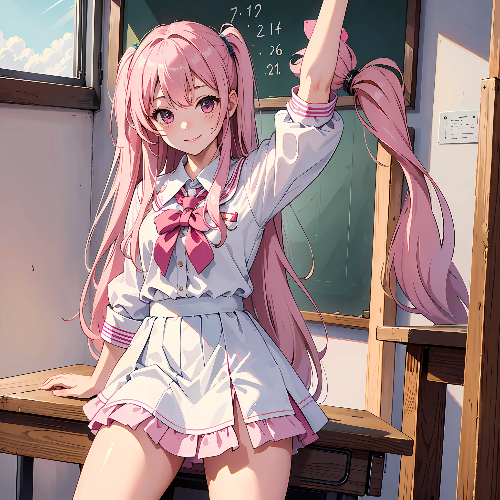 Ultra high resolution, 16k, ((masterpiece)), ((best quality))), ((super detailed)), a girl, long pink hair, high school uniform, wide eyes, smile, in the classroom