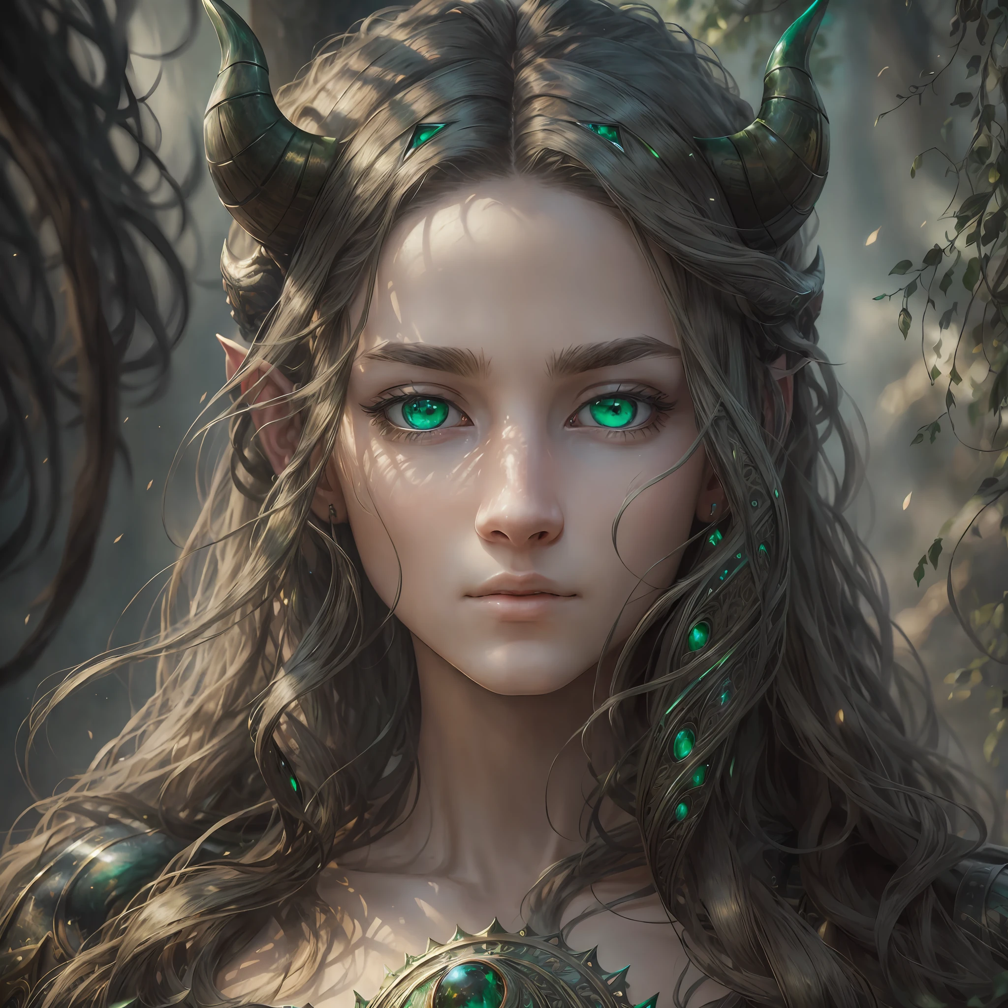 masterpiece, (photorealistic: 1.4), best quality, back, green eyes, grey background, horns, long hair,, science fiction, ((masterpiece)) intricate details, natural light --auto --s2