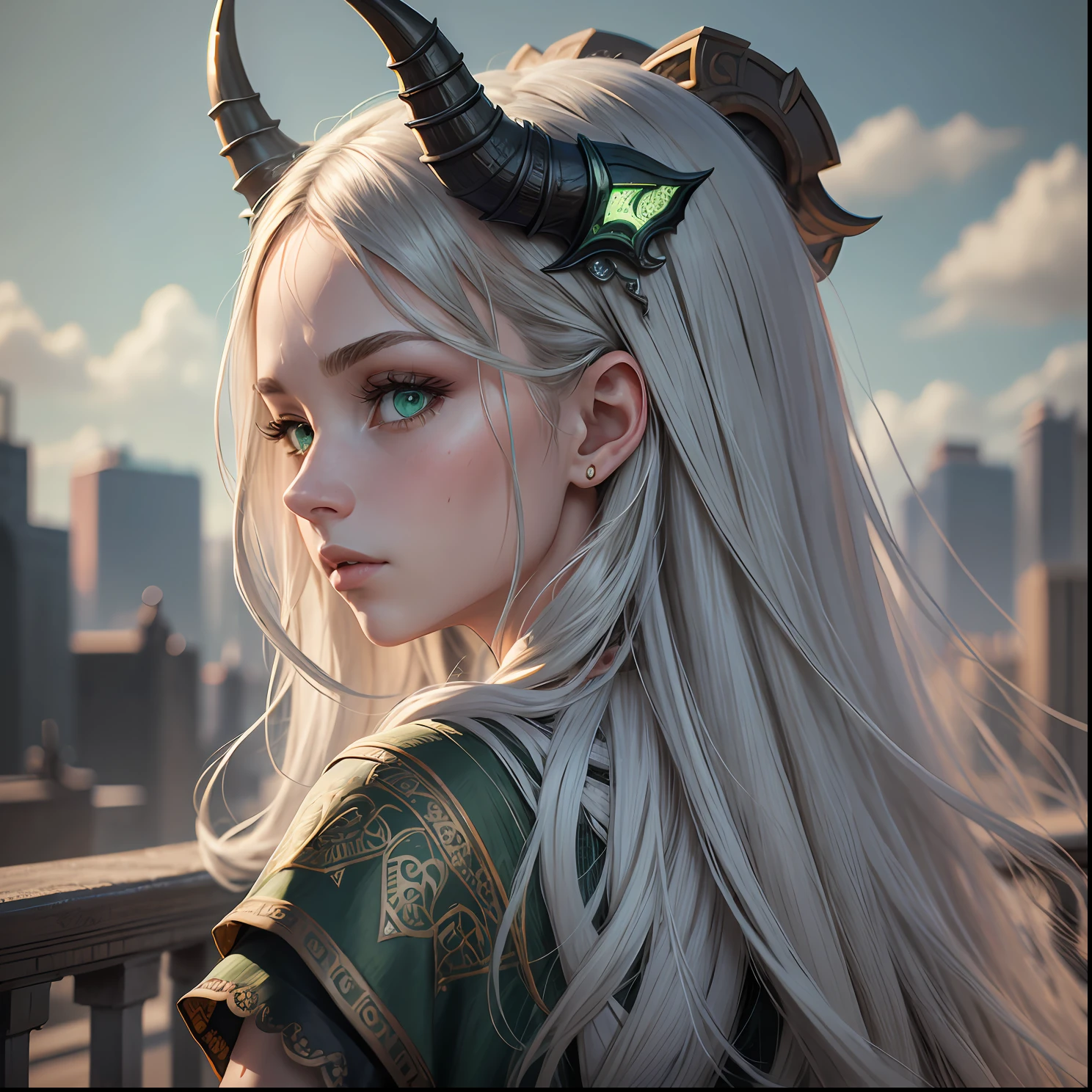 masterpiece, (photorealistic: 1.4), best quality, back, green eyes, grey background, horns, long hair,, science fiction, ((masterpiece)) intricate details, natural light --auto --s2