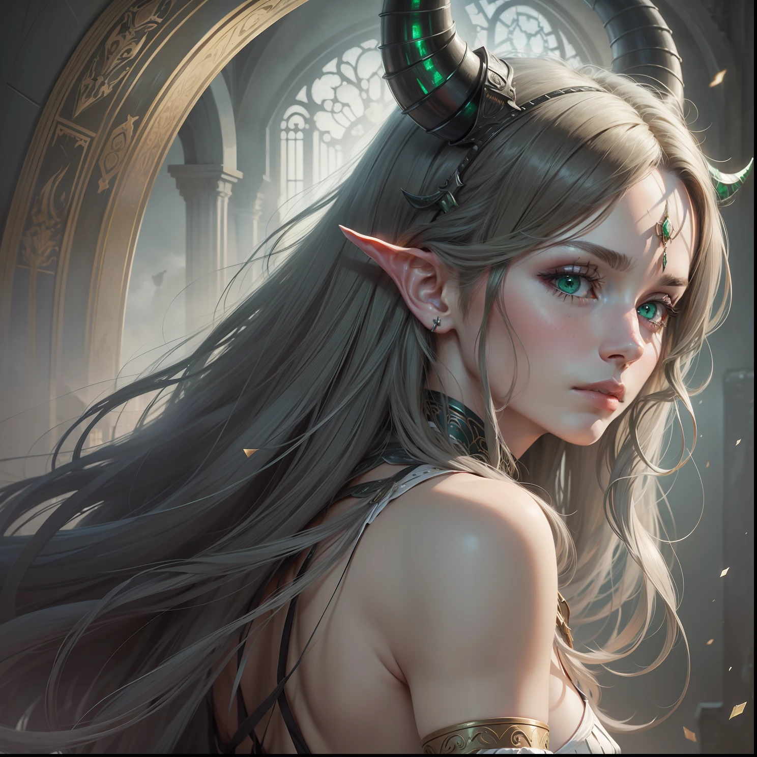 masterpiece, (photorealistic: 1.4), best quality, back, green eyes, grey background, horns, long hair,, science fiction, ((masterpiece)) intricate details, natural light