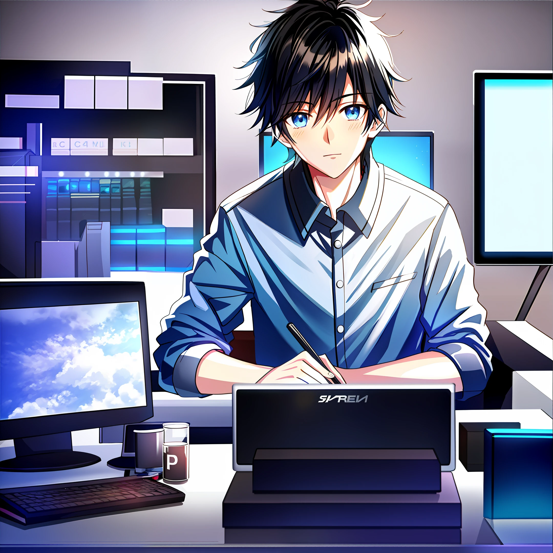 Best quality: 1.0), (Super High Resolution: 1.0), Anime boy, short black hair, blue eyes, sitting in front of computer playing games, background in esports room,
