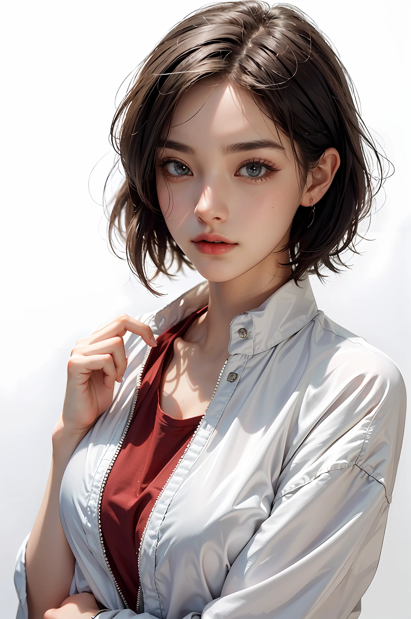 Top Quality, White Skin, Real Human Skin, (Detailed), Oval Face, Pore, Ultra High Resolution, (8k, RAW Photography, Photorealistic: 1.4), One Woman, Slim, (Gentle and Goddess-like Eyes) Happiness: 1.2), (Lip Gloss, Eyelashes, Distinct Double, Clear Eyes, Gloss Face, Best Quality, Ultra High Definition, Wide Lighting, Natural Shading) , Oversized Jacket, Fashion Shirt, White Background, Light Background, Big Breasts, Gloss on Chest, Glossy Skin, Glossy Skin, Short Bob Hair