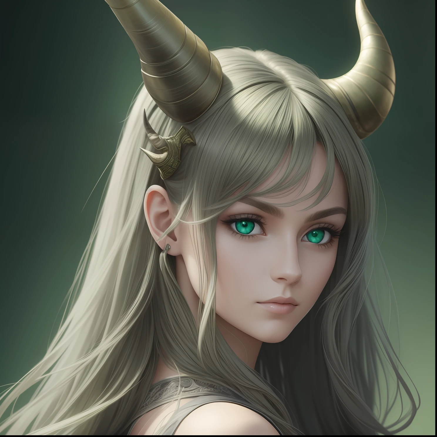 masterpiece, (photorealistic: 1.4), best quality, back, green eyes, grey background, horns, long hair,, science fiction, ((masterpiece)) intricate details, natural light