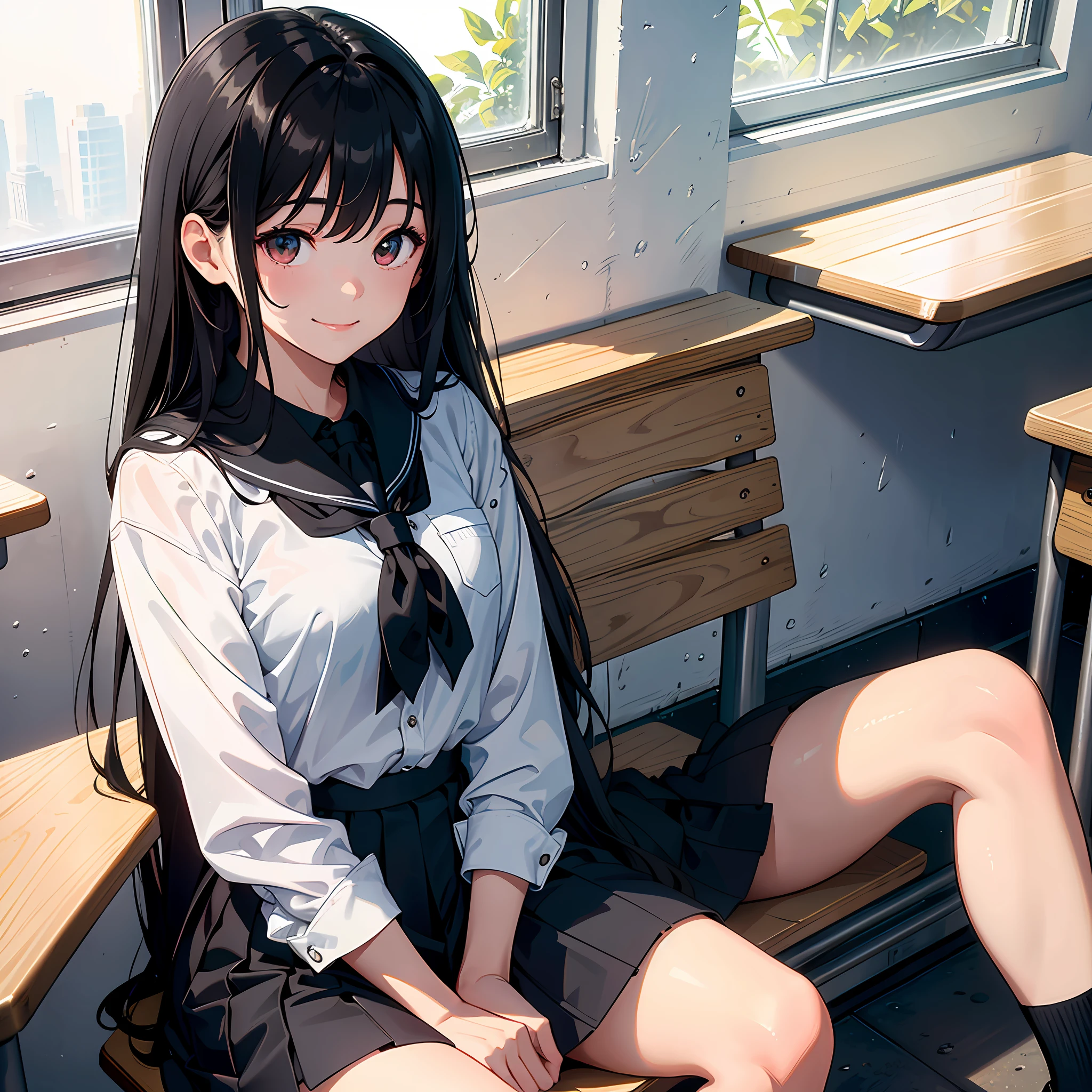 Ultra high resolution, 16k, ((masterpiece)), ((best quality))), ((super detailed)), a girl, long black hair, high school uniform, wide eyes, smiling, in the classroom, sitting by the window, looking out the window