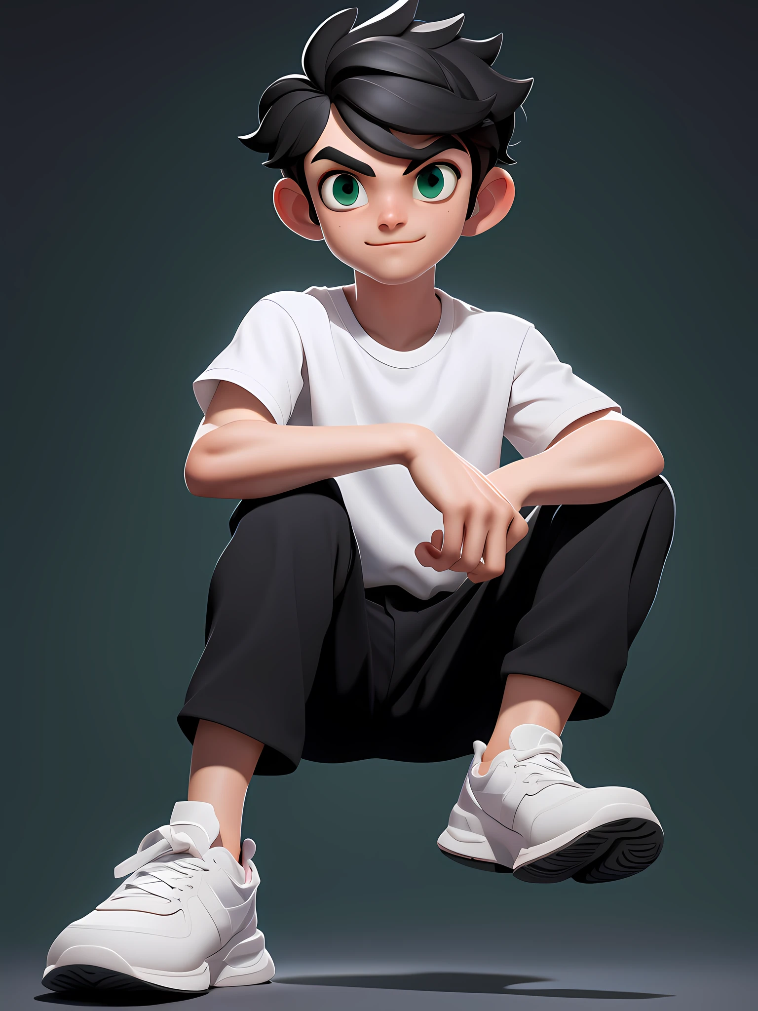 (Masterpiece: 1.5), (Best Quality: 1.5), High Resolution, Highly Detailed, 3DMM, 1boy, white shirt, black pants, black shoes with white sole, White background with shadow, black hair, sitting, short sleeves, green eyes, simple cgi background, correct posture, second cell phone, 3d, well detailed face, highres, 8k