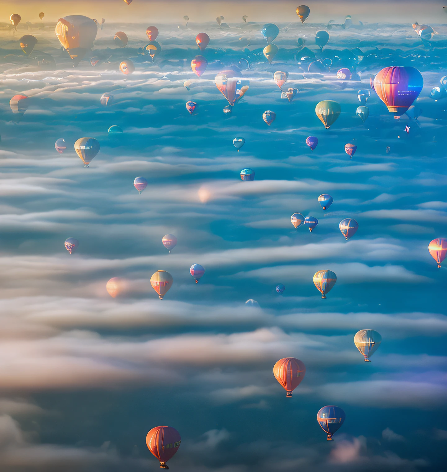 ((🎈 City in the Sky composed of hot air balloons)), artwork-quality quality, particle rendering, ({vivid} high saturation), ({floating} suspended), ({water} water surface) scenes, under ({🌈 ☀️ 🔮 sunlight} sunlight), (🌊 🌫️{fog} fog) surrounded by extremely distant perspectives. --v6