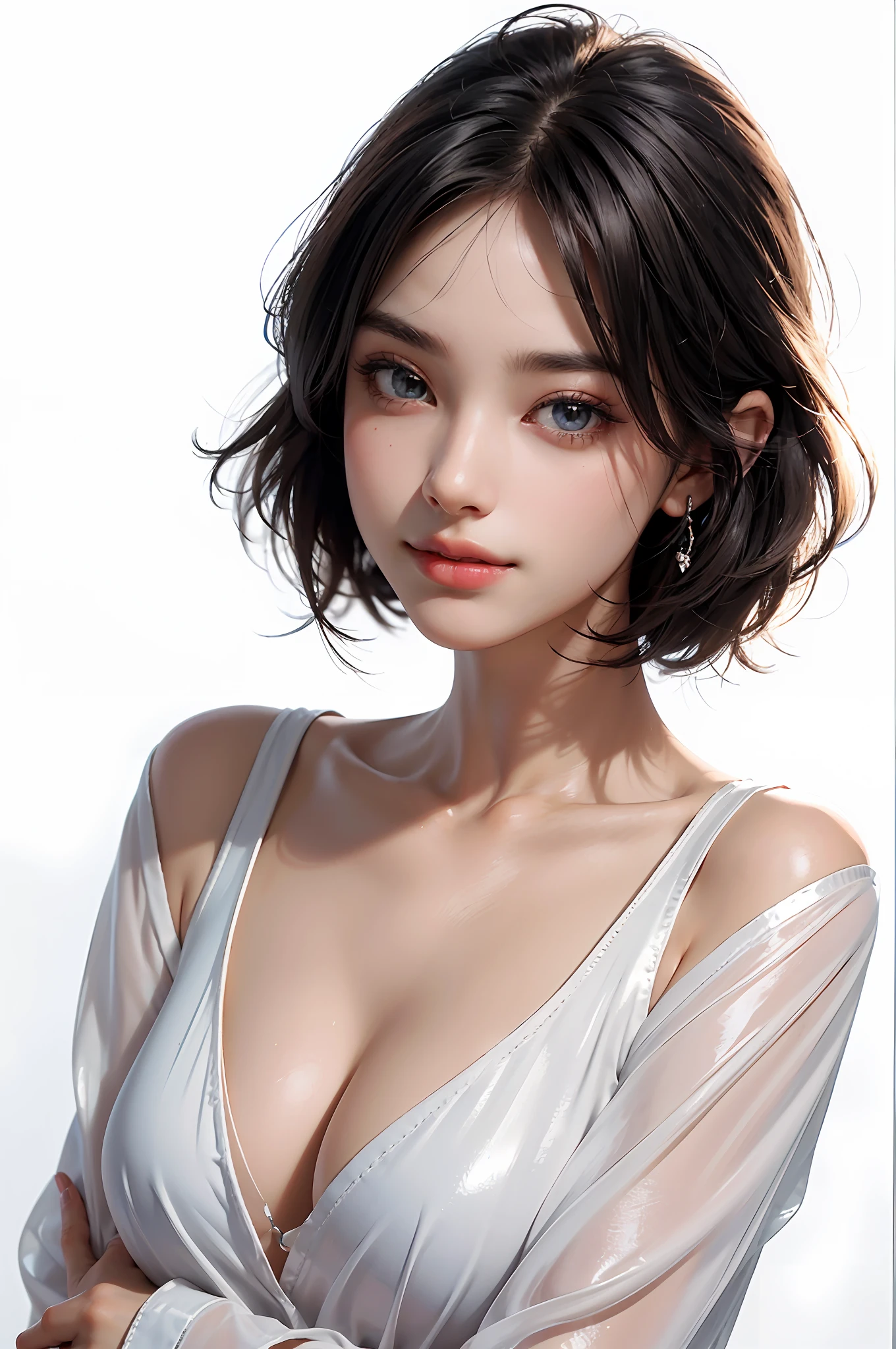 Top Quality, White Skin, Real Human Skin, (Detailed), Oval Face, Pore, Ultra High Definition, (8k, RAW Photography, Photorealistic: 1.4), One Woman, Slim, (Gentle and Goddess-like Eyes) Happiness: 1.2), (Lip Gloss, Eyelashes, Clear Double, Crystal Clear Eyes, Smile, Smile, Gloss Face, Top Quality, Ultra High Definition, Wide Illumination, Natural Shading), Oversized Jacket, Fashion Shirt, White Background, Light Background, Big Breasts, Gloss on Chest, Glossy Skin, Glossy Skin, Short Bob Hair