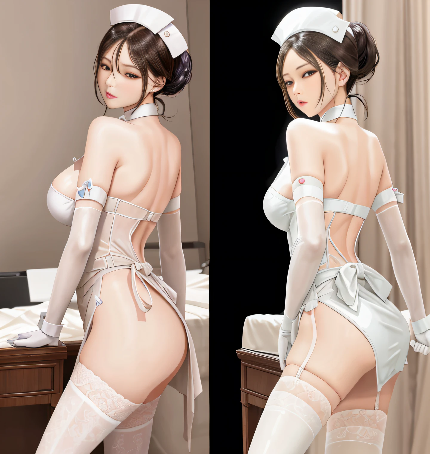 nsfw, masterpiece, bset quality, realistic, 1girl,white thighhighs,nurse uniform, mutiple views, ass views and dress views, (PureErosFace_V1:0.7),