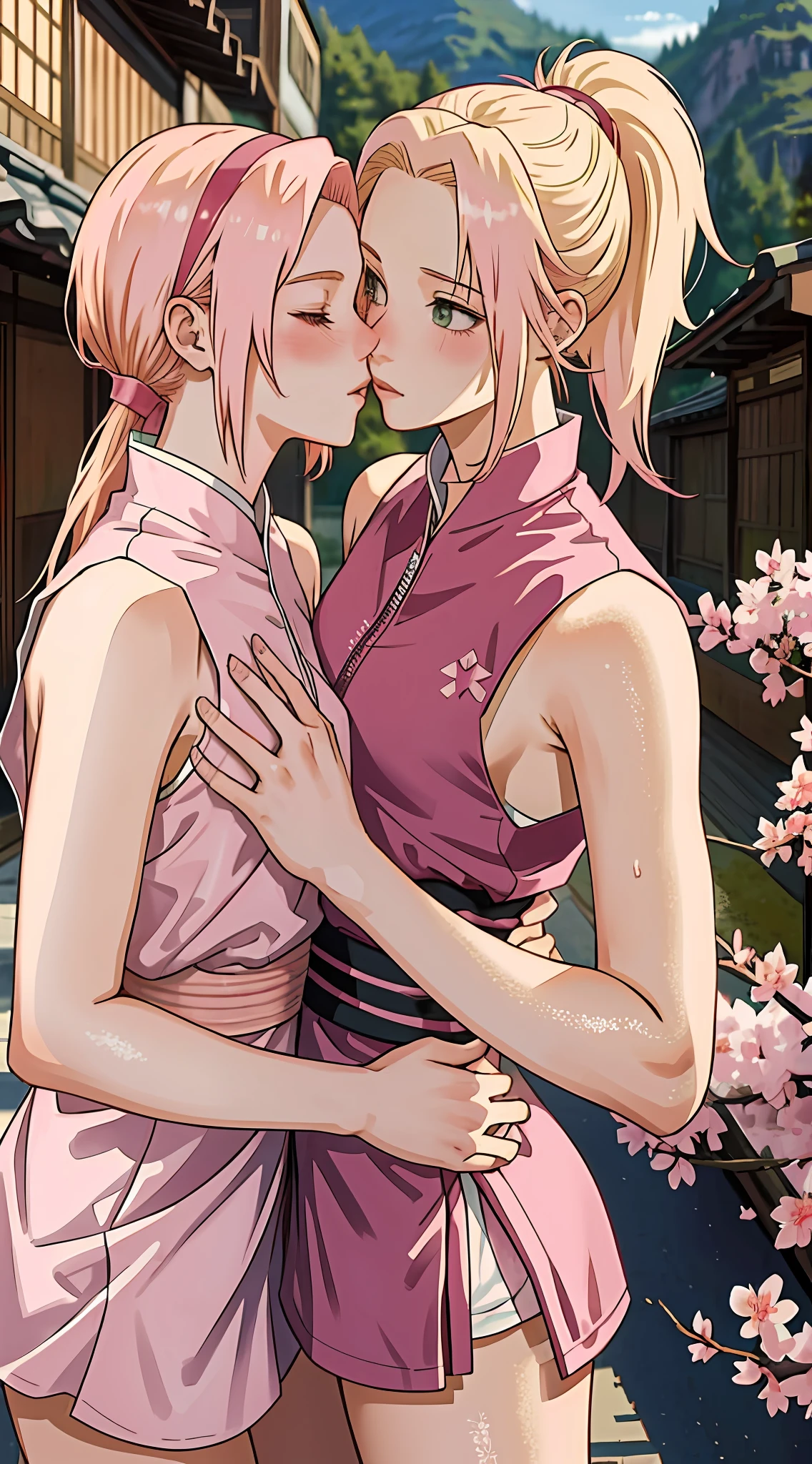 "(2 women kissing, Sakura kissing Ino, ino is blonde, sakura has pink hair), sexy sleeveless konoha ninja outfits, sweat, training, small breasts, yuri:1.4, provocative, scene background with hyper details, Konoha village.", perfect anatomy, perfect arms, perfect hands, they both have the same size