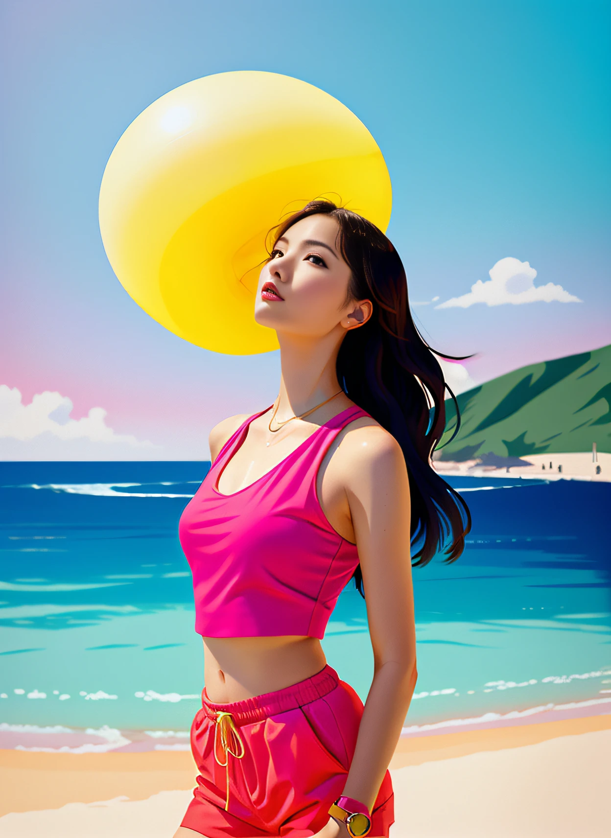 a woman in a dynamic pose wearing a beach wear, designed by Gucci::3, tumblr, inspired by Yanjun Cheng style, digital art, lofi girl internet meme, trending on dezeen, catalog photo, 3 d render beeple, rhads and lois van baarle, cartoon style illustration, bright pastel colors, a beautiful artwork illustration, retro anime girl --ar 2:3 --q 2