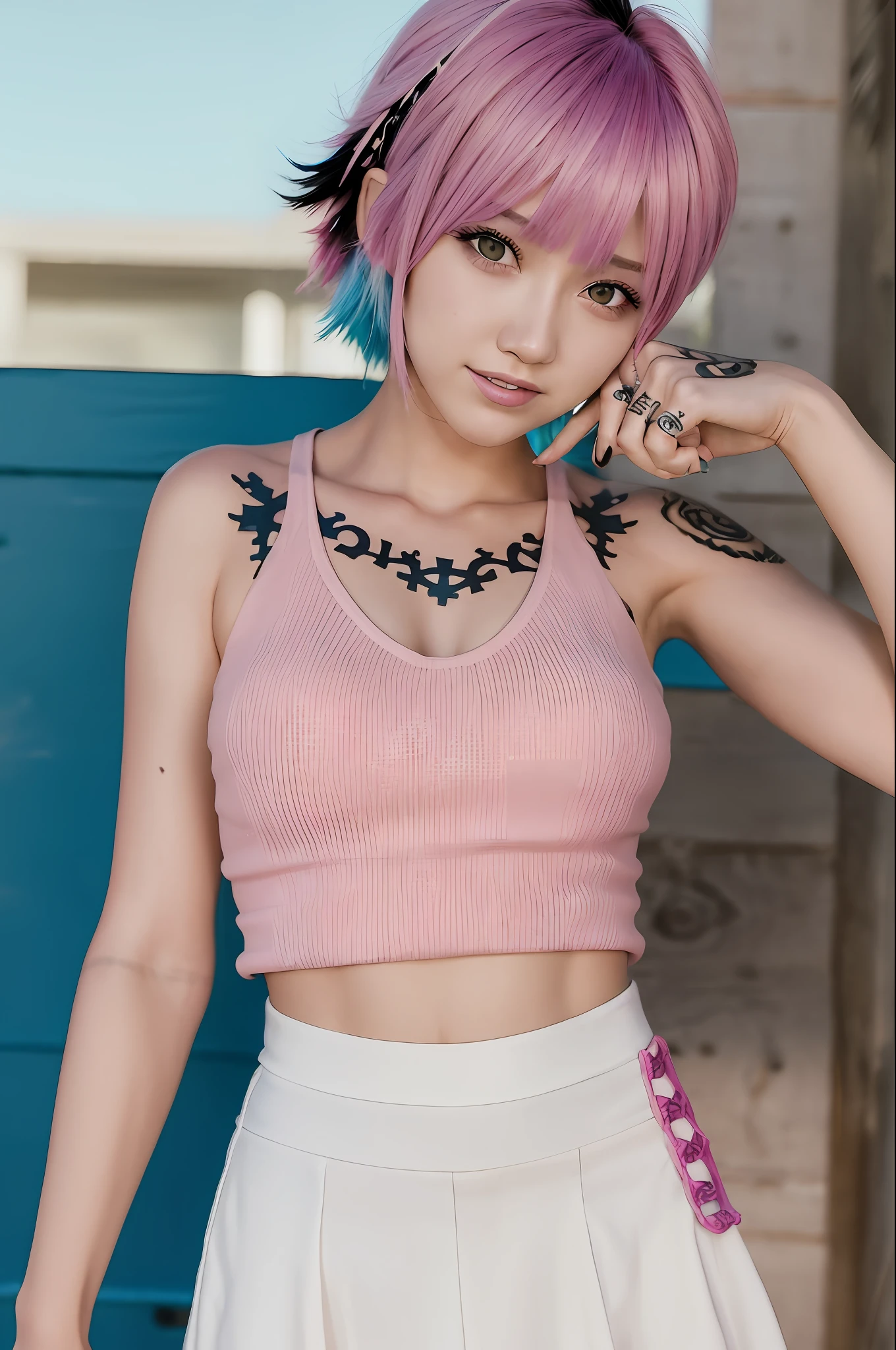 tattoo, piercing woman, piercing, smile, colorful hair, punk girl, (white tank top), short cut hair, blunt bangs, (black skirt), 1girl,solo, flashy hair, photorealistic, high resolution, 1 girl, golden and pink and light blue hair, colorful hair color, korean, beach, wharf, cowboy shot,
