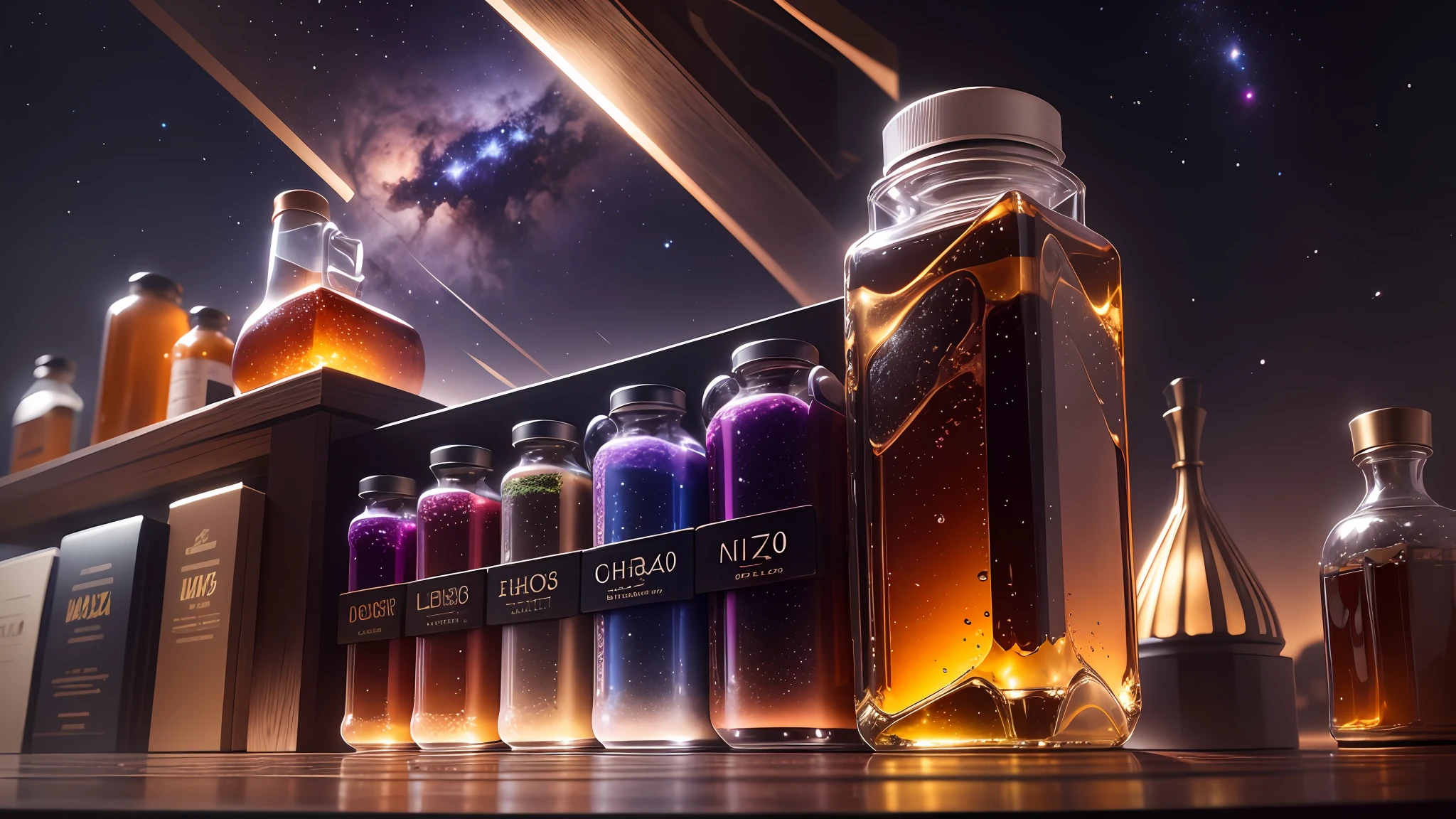 a nebula in a bottle sitting on an apothecary shelf, chiaroscuro, hyperrealism, luminism, hd, very detailed, 4k, 8k, shot on a Nikon Z7 II and Nikon NIKKOR Z 105mm f/2.8 VR S, best quality, --auto --s2