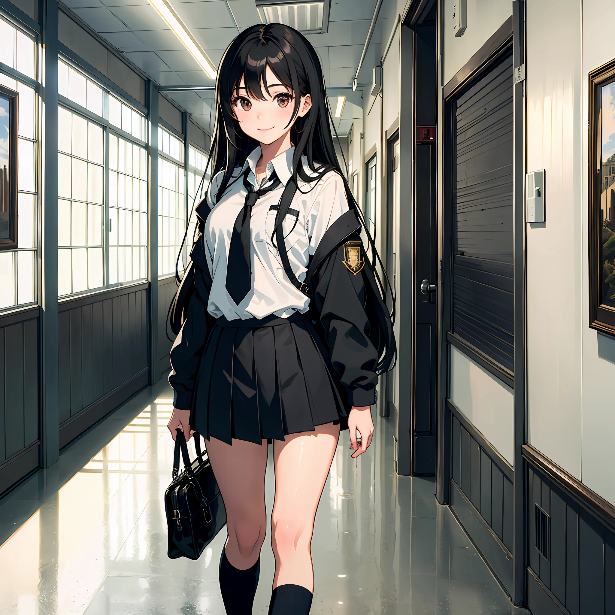 Ultra high resolution, 16k, ((masterpiece)), ((best quality))), ((super detailed)), a girl, long black hair, smile, high school uniform, in school hallway