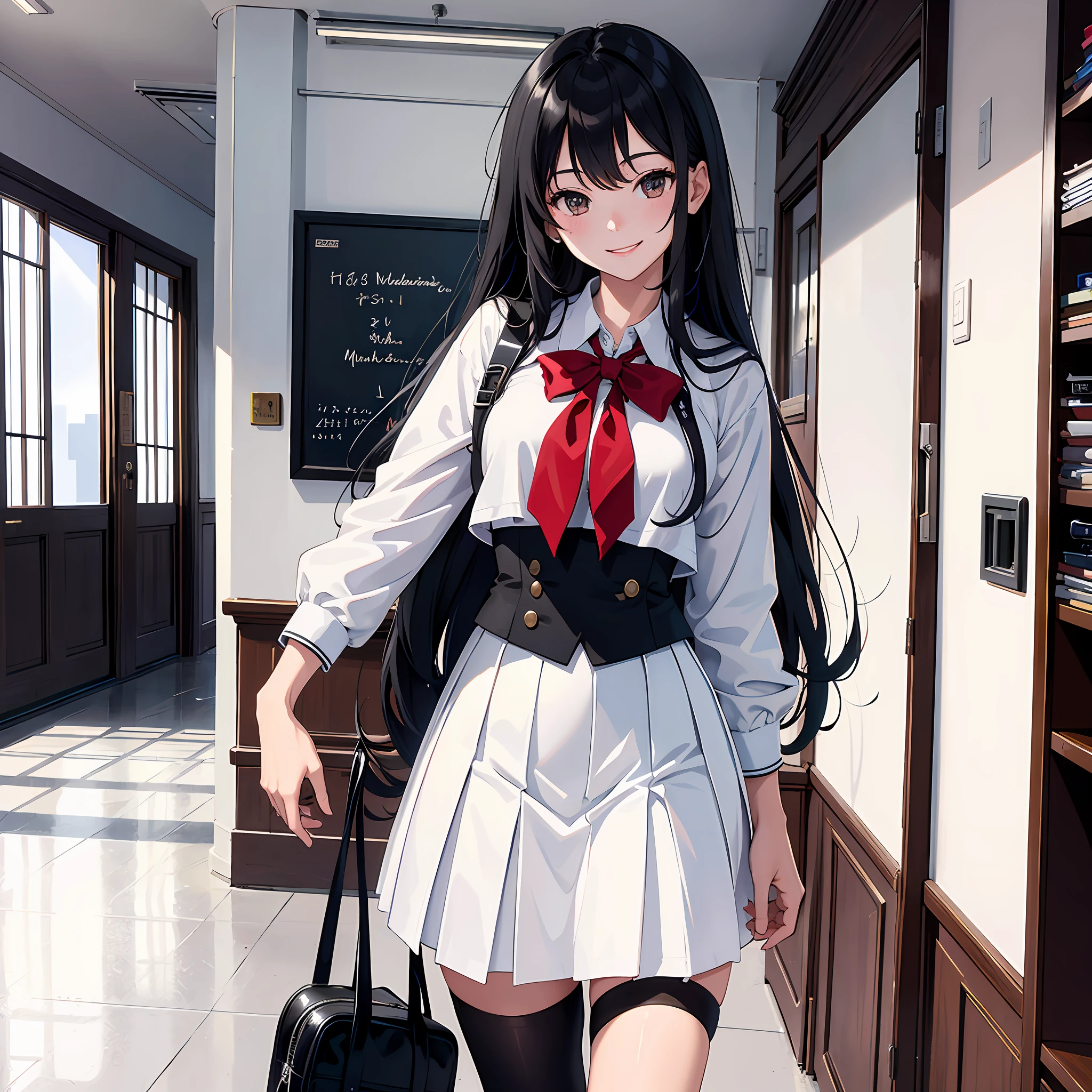 Ultra high resolution, 16k, ((masterpiece)), ((best quality))), ((super detailed)), a girl, long black hair, smile, high school uniform, in school hallway