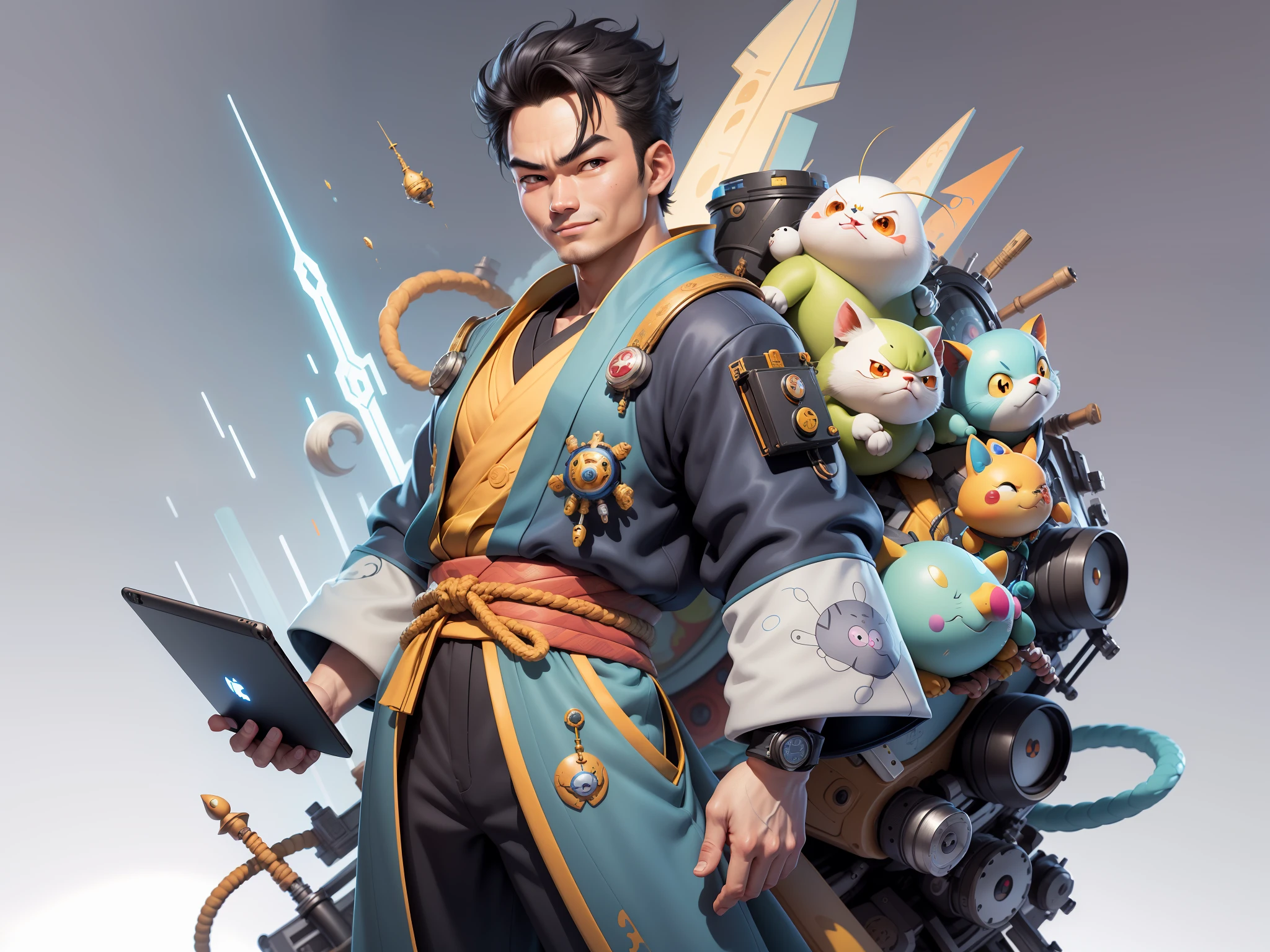 (Masterpiece), (Excellent), (Super Meticulous), (Full Body: 1.2), Super Young Man, Oriental Face, Japanese Kimono, Japanese Wind and Thor, Ascension Dragon, , TV Anchor, Bust Portrait Illustration, Alone, Black Suit, Blue Tie, Slightly Chubby Face, Very Clean Face, No Beard, Black Super Short Hair, Black Eyes, Confident Smile, 3c Computer Sub-Products, iPad, iPhone, Digital Painting, 3D Character Design by Akira Toriyama and Mark Claireden and Pixar and Hayao Miyazaki, The illustration is a high-definition illustration in 4K resolution with very detailed facial features and cartoon-style visuals.