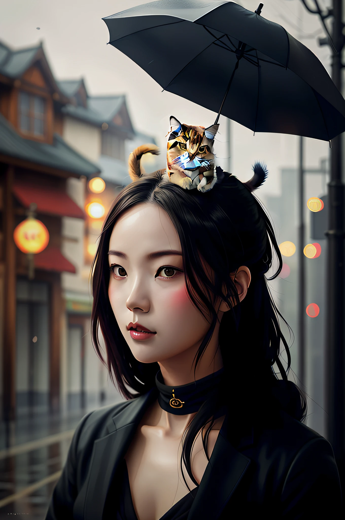 there are two pictures of a woman with an umbrella and a cat, artwork in the style of guweiz, guweiz, beautiful character painting, guweiz on artstation pixiv, guweiz on pixiv artstation, stunning anime face portrait, beautiful digital artwork, wlop rossdraws, detailed digital anime art, guweiz masterpiece