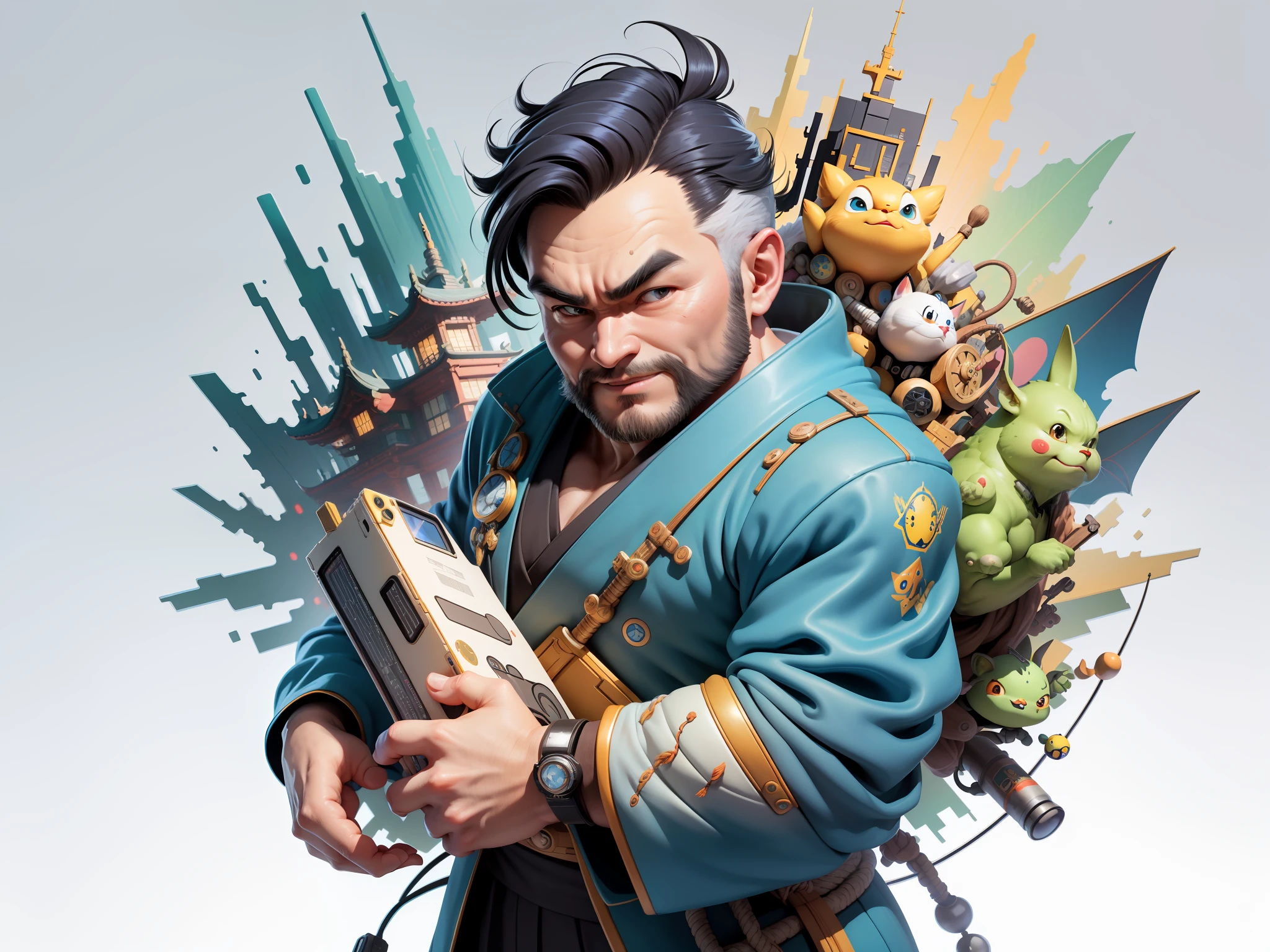 (Masterpiece), (Excellent), (Super Meticulous), (Full Body: 1.2), Super Young Man, Oriental Face, Japanese Kimono, Japanese Wind and Thor, Ascension Dragon, , TV Anchor, Bust Portrait Illustration, Alone, Black Suit, Blue Tie, Slightly Chubby Face, Very Clean Face, No Beard, Black Super Short Hair, Black Eyes, Confident Smile, 3c Computer Sub-Products, iPad, iPhone, Digital Painting, 3D Character Design by Akira Toriyama and Mark Claireden and Pixar and Hayao Miyazaki, The illustration is a high-definition illustration in 4K resolution with very detailed facial features and cartoon-style visuals.