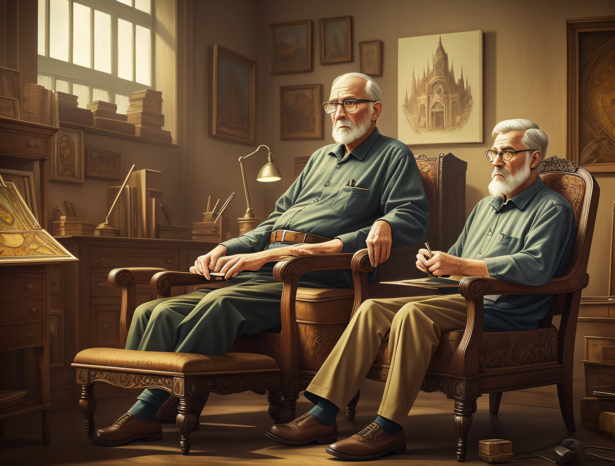 oldman in chair, complex stuff around, intricate in the background, art, close up, painting, detailed, cartoon, cinematic shot, fantasy, low saturation, vignette, [hdr]