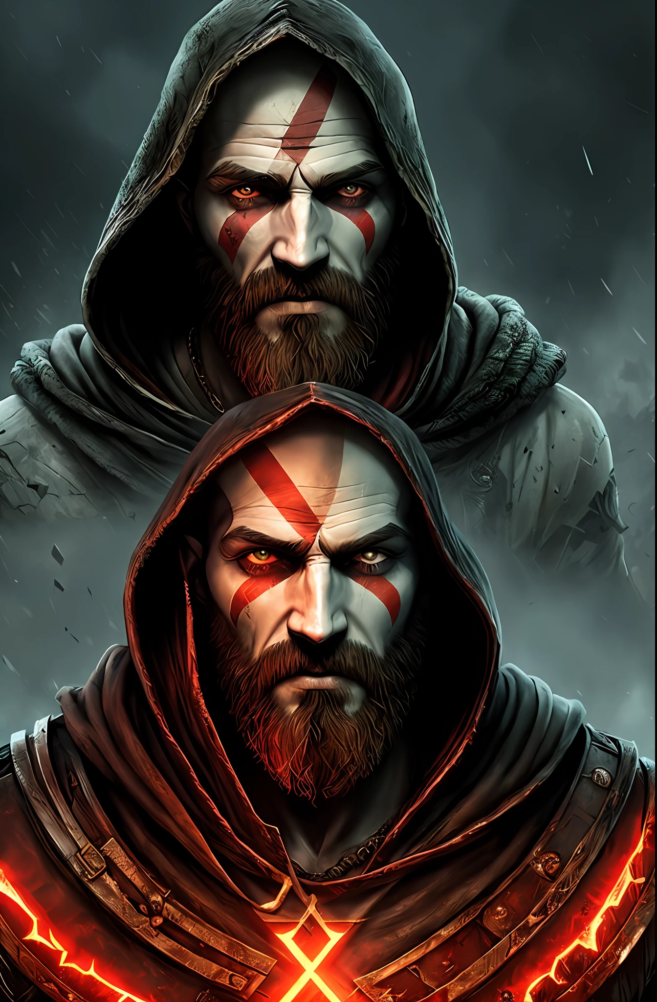 Game God of War, a portrait of a hooded man, black eyes, toxic, muscle, god, elder, realistic epic, faded, (((hdr)))), hyperdetailed, cinematic, warm lights, intricate details