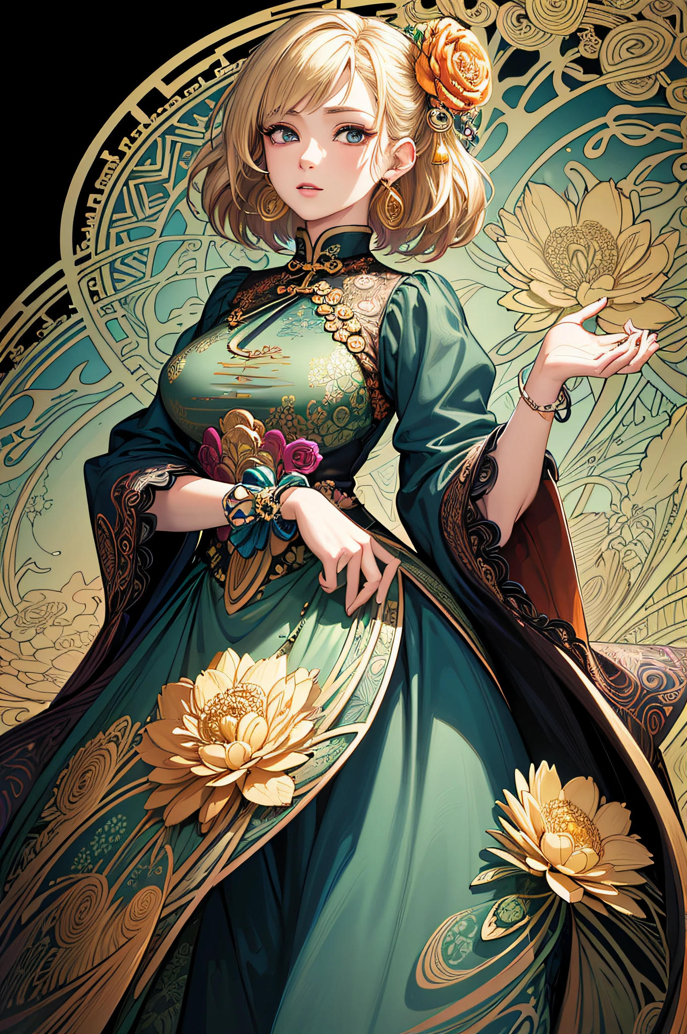 (masterpiece, top quality, best quality, official art, beautiful and aesthetic: 1.2), (1girl:1.3), extremely detailed, blonde,(fractal art:1.1),(colorful:1.1)(flowers:1.3),more detailed,( zentangle:1.2), (dynamic posture), (abstract background:1.3), (Chinese dress:1.2), (shiny skin), (many colors:1.4), ,(earrings:1.4),