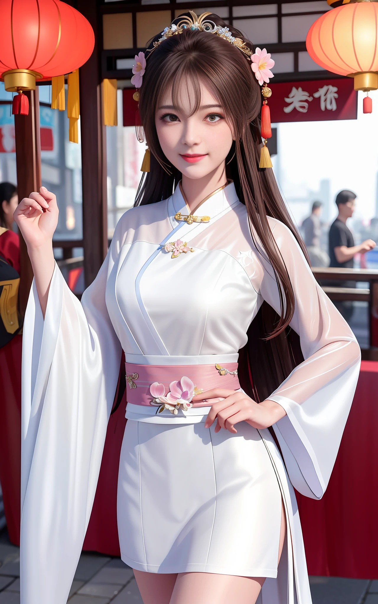 Superb Quality, Masterpiece, High Resolution, 1Girl, Blush, (Seductive Smile: 0.8), Star Eyes, Chinese Hanfu, Hair Accessories, Necklaces, Jewelry, Beauty, on_body, Tyndall Effect, Realism, Shadow Room, Light Edge, Two-tone Lighting, (High Detail Skin: 1.2), 8K UHD, SLR, Soft Light, High Quality, Volume Lighting, Candid Photo, High Resolution, 4K, 8K, Background Blur, White Crop Top T-shirt, Shorts, Walking in the Night Market Stall, There Are Many BBQ Stalls Around, Grilled skewer in right hand with seaside in the background