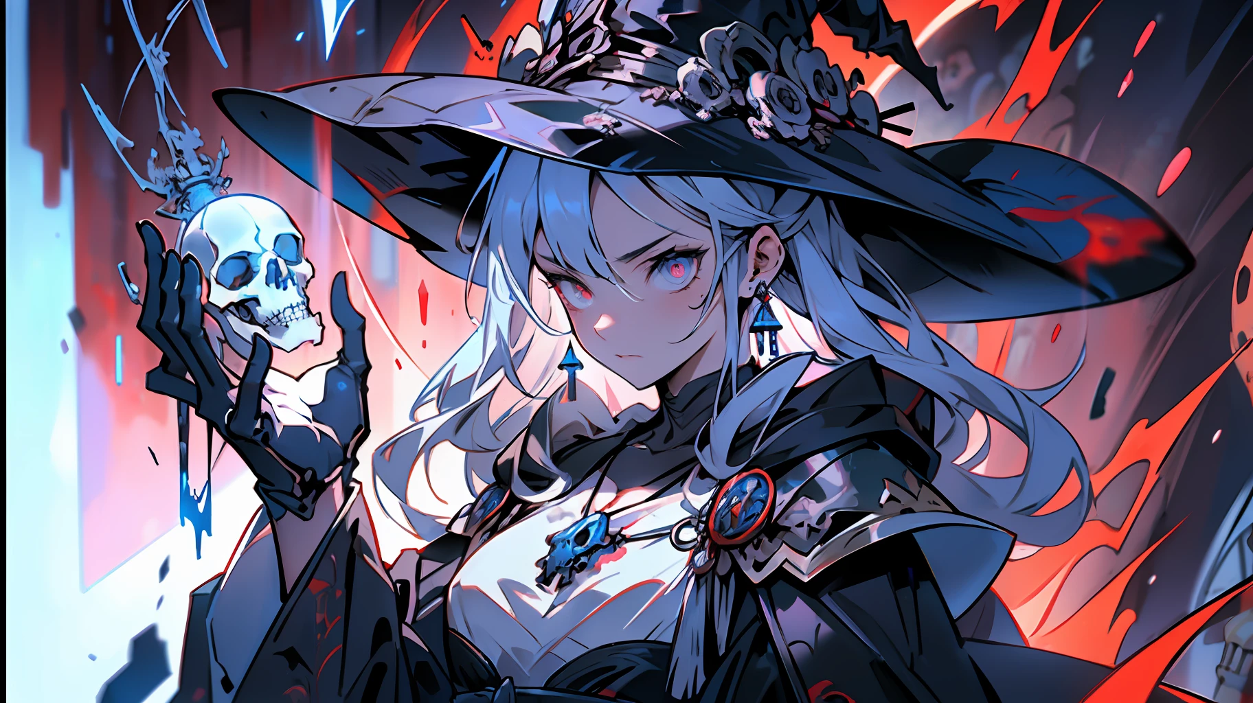 An anime poster featuring a dark magical girl, young and dangerous, white medium-long hair, curly hair hanging down, upper body witch robes, delicate witch hats, skull jewelry and necklace decorations, lean figure, three-dimensional facial features, fierce and fierce eyes, clasped hands together, chanted incantations, summoned a skeleton wearing the broken armor of a Japanese samurai behind him, a large number of blue skulls souls surrounded, flowing special effects, red background, visual impact, Devil's Art, Real human skeletons, manga style art, Light red and light black, action painting