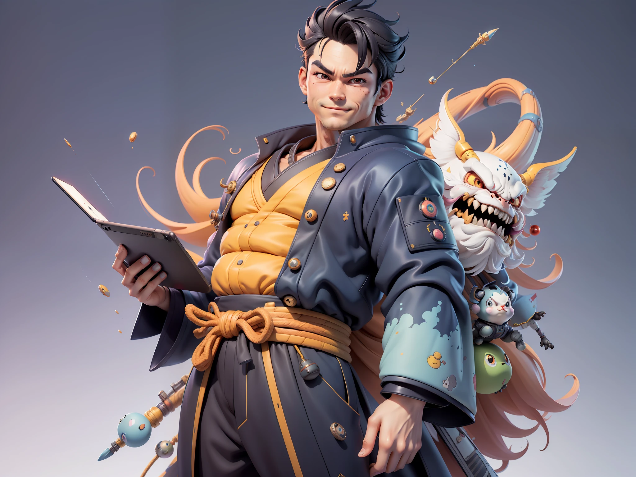 (Masterpiece), (Excellent), (Super Meticulous), (Full Body: 1.2), Super Young Man, Oriental Face, Japanese Kimono, Japanese Wind and Thor, Ascension Dragon, , TV Anchor, Bust Portrait Illustration, Alone, Black Suit, Blue Tie, Slightly Chubby Face, Very Clean Face, No Beard, Black Super Short Hair, Black Eyes, Confident Smile, 3c Computer Sub-Products, iPad, iPhone, Digital Painting, 3D Character Design by Akira Toriyama and Mark Claireden and Pixar and Hayao Miyazaki, The illustration is a high-definition illustration in 4K resolution with very detailed facial features and cartoon-style visuals.