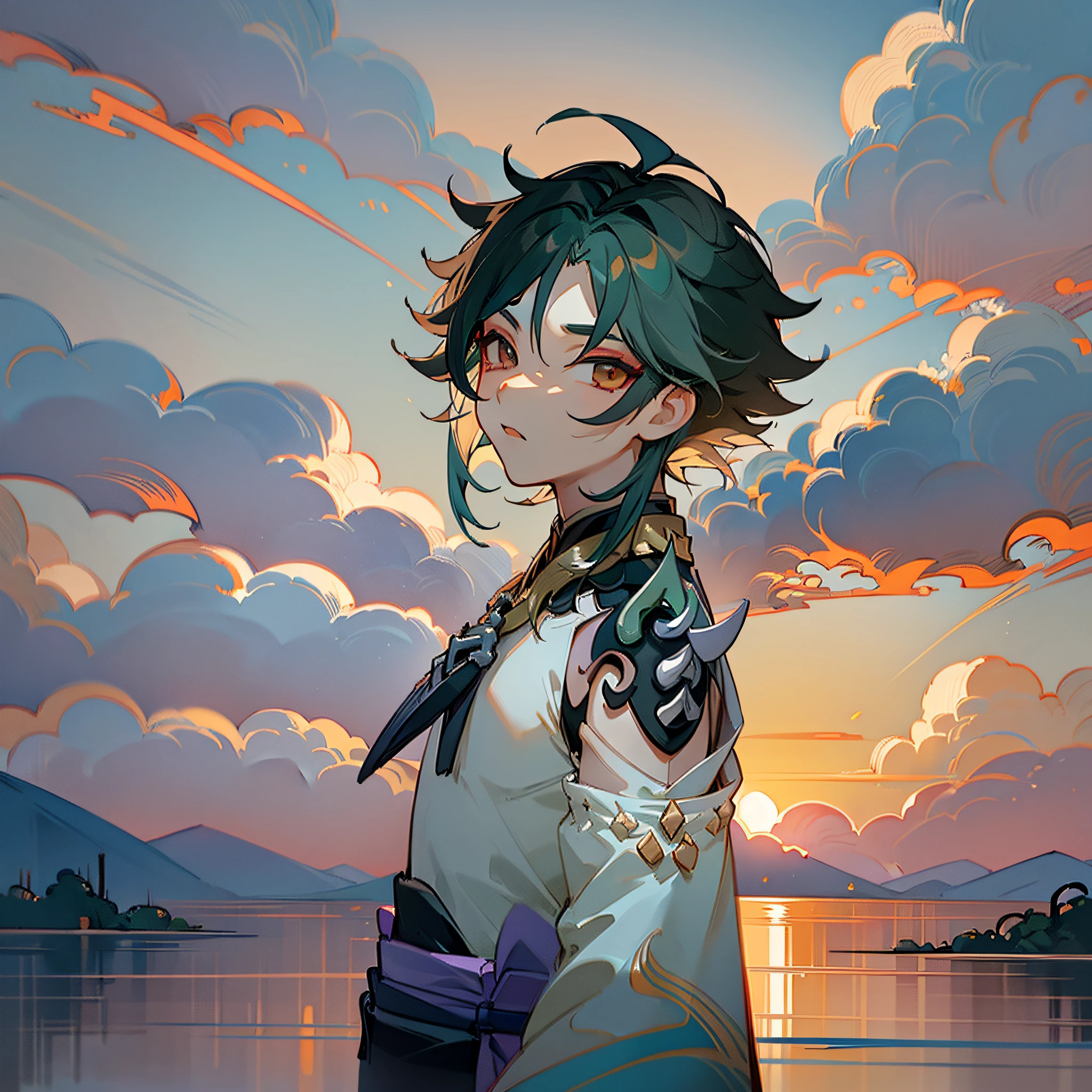 (masterpiece), (best quality), xiao, xiao (genshin impact), boy,solo,upper body, looking at viewer, overcast sky, clouds, sunset, oriental patterns