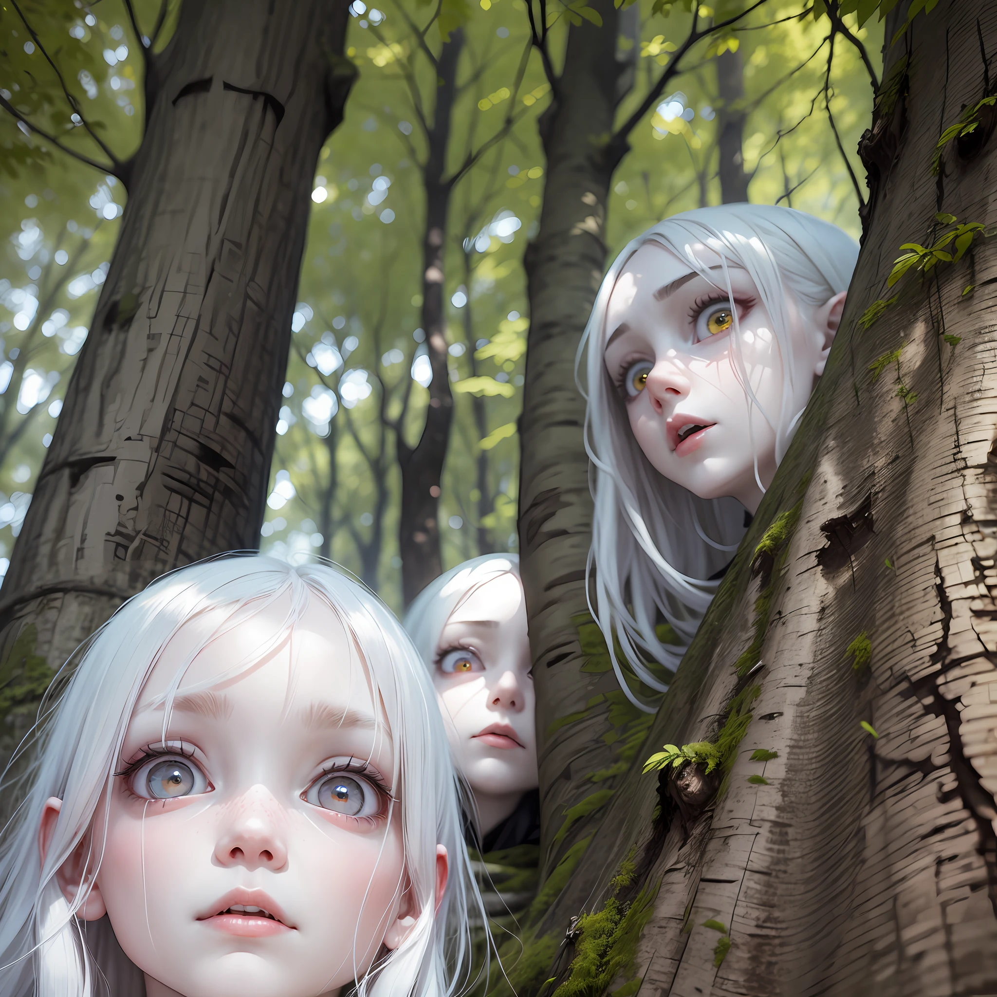Pale, distorted faces appeared among the trees, bright eyes and terrifying expressions. --auto --s2
