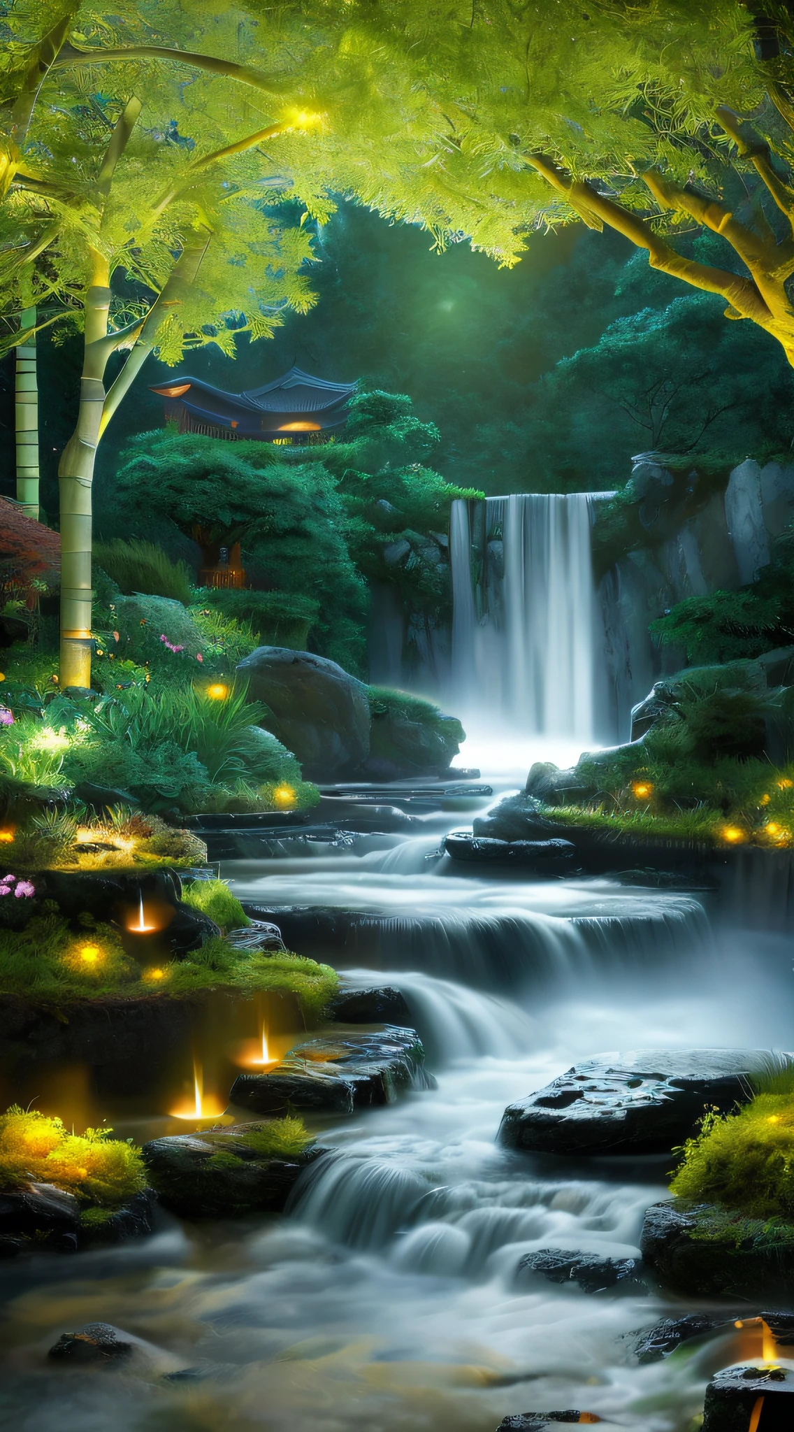 Ancient Chinese architecture, cool colors, dark night, moon, garden, bamboo, lake, stone bridge, rockery, arch, corner, tree, running water, landscape, outdoor, waterfall, grass, rock, dense fog, with intense rainfall, monochromatic, vines all around, giant and wet trees, with glowing leaves in the trees, glowing fireflies and glowing particle effects, masterpiece, best quality, high quality, extremely detailed CG unity 8k wallpaper, oil paiting, award winning photography, Bokeh, Depth of Field, HDR, bloom, Chromatic Aberration ,Photorealistic,extremely detailed, trending on artstation, trending on CGsociety, Intricate, High Detail, dramatic, art by midjourney, volumetric lighting