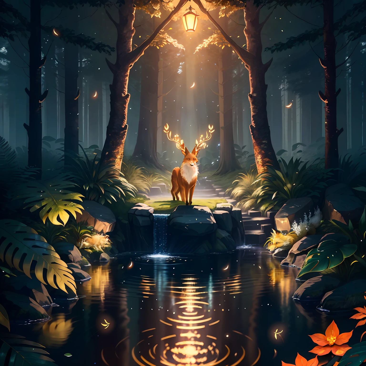 As I walk forward, I notice subtle movements among the foliage, revealing the presence of the magical animals that inhabit this enchanted forest. A golden fox, with twinkling eyes and a glowing aura, glides silently through the shadows. Its glossy fur reflects sunlight, creating a show of radiant color.