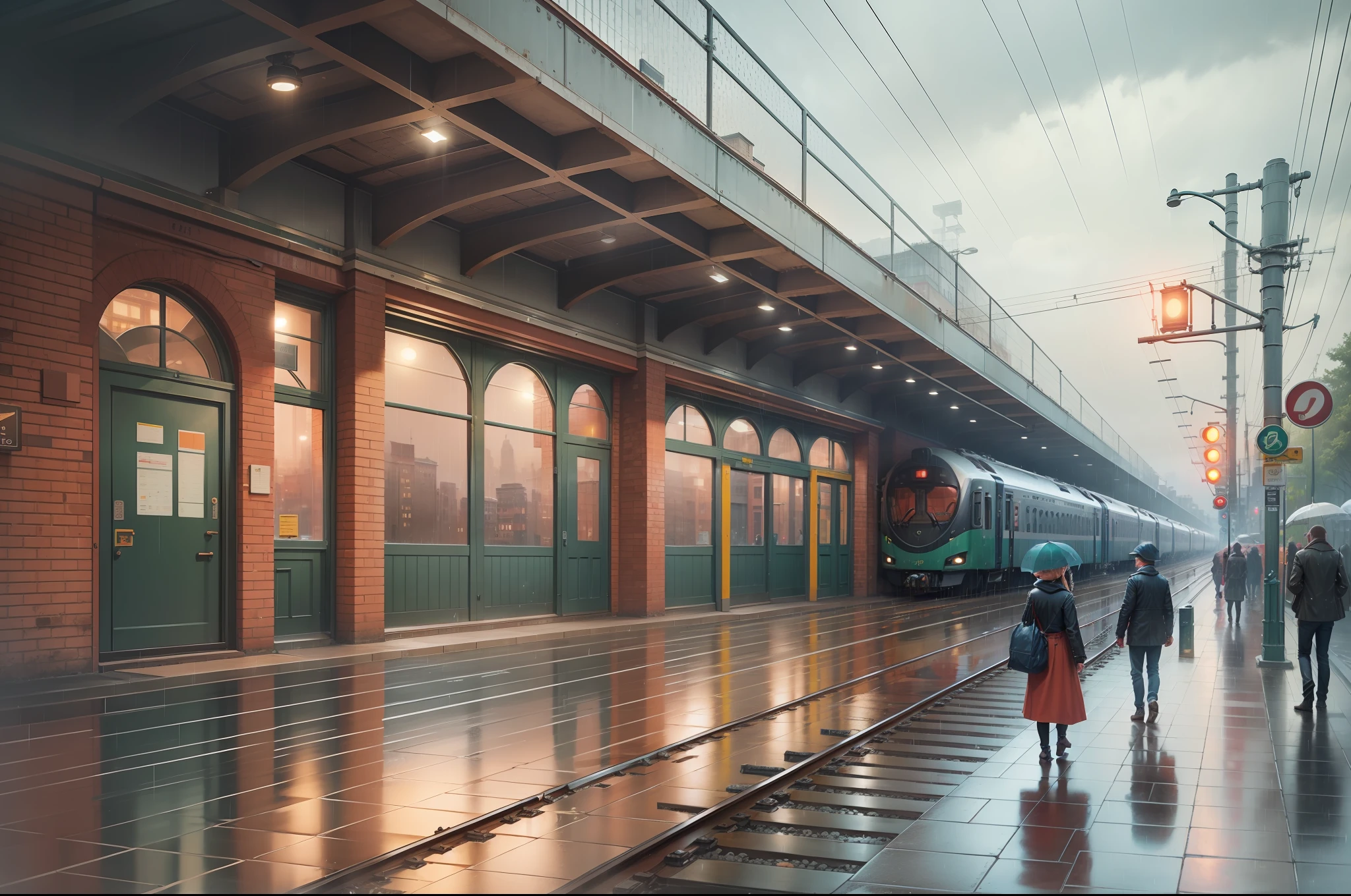 atntigo, station, train, building, bricks, rain, city, brick wall