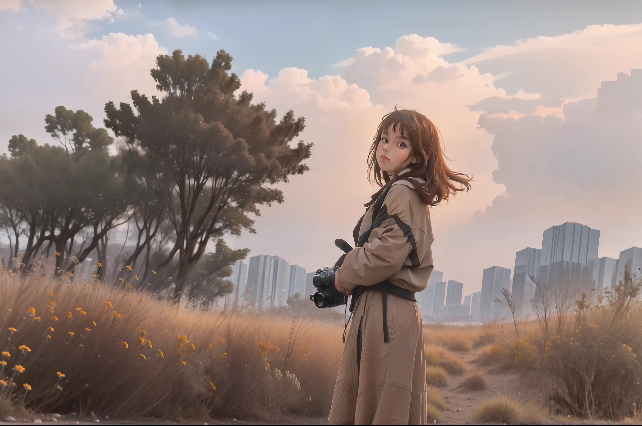 Best Quality, Ultra High Resolution, (Realism: 1.4), 1Girl, Masterpiece, Outdoor, Full Body, Girl with Camera, Thoughtful