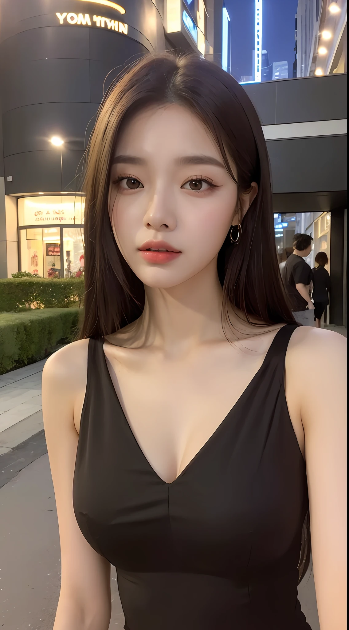 ((Realistic lighting, Best quality, 8K, Masterpiece: 1.3)), Clear focus: 1.2, 1girl, Perfect Body Beauty: 1.4, Slim Abs: 1.1, ((Dark Brown Hair, Big Breasts: 1.3)), (Aqua Dress: 1.4), (Outdoor, Night: 1.1), City Street, Super Fine Face, Fine Eyes, Double Eyelids