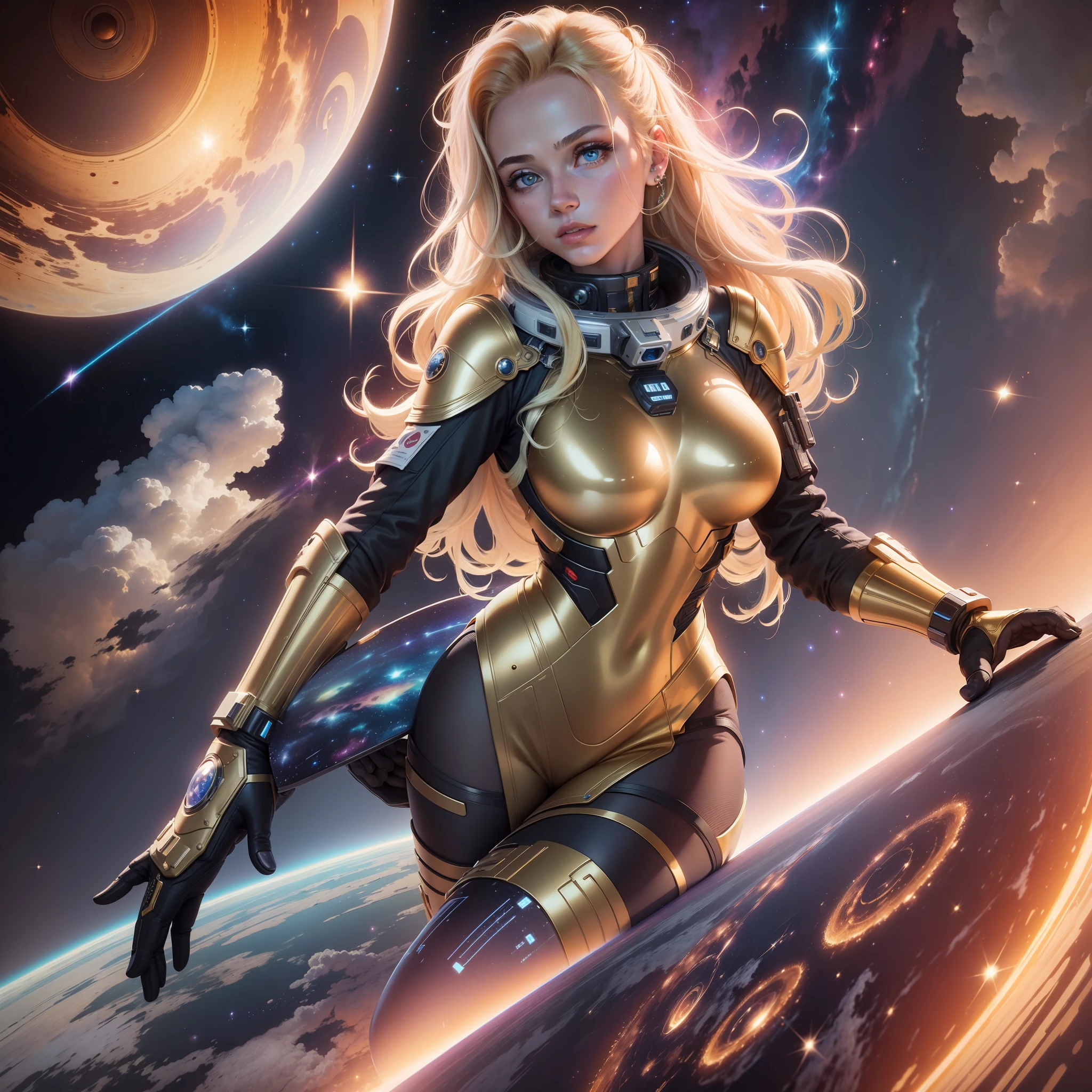 ((masterpiece 1.2)), high details, full body, gashho meditation, space suit, woman with piercing gaze, golden hair, set in spaceship, galaxy background, (4K), cinema, dramatic lighting, deep shadows, (intense HDR), canon lens, sparkle