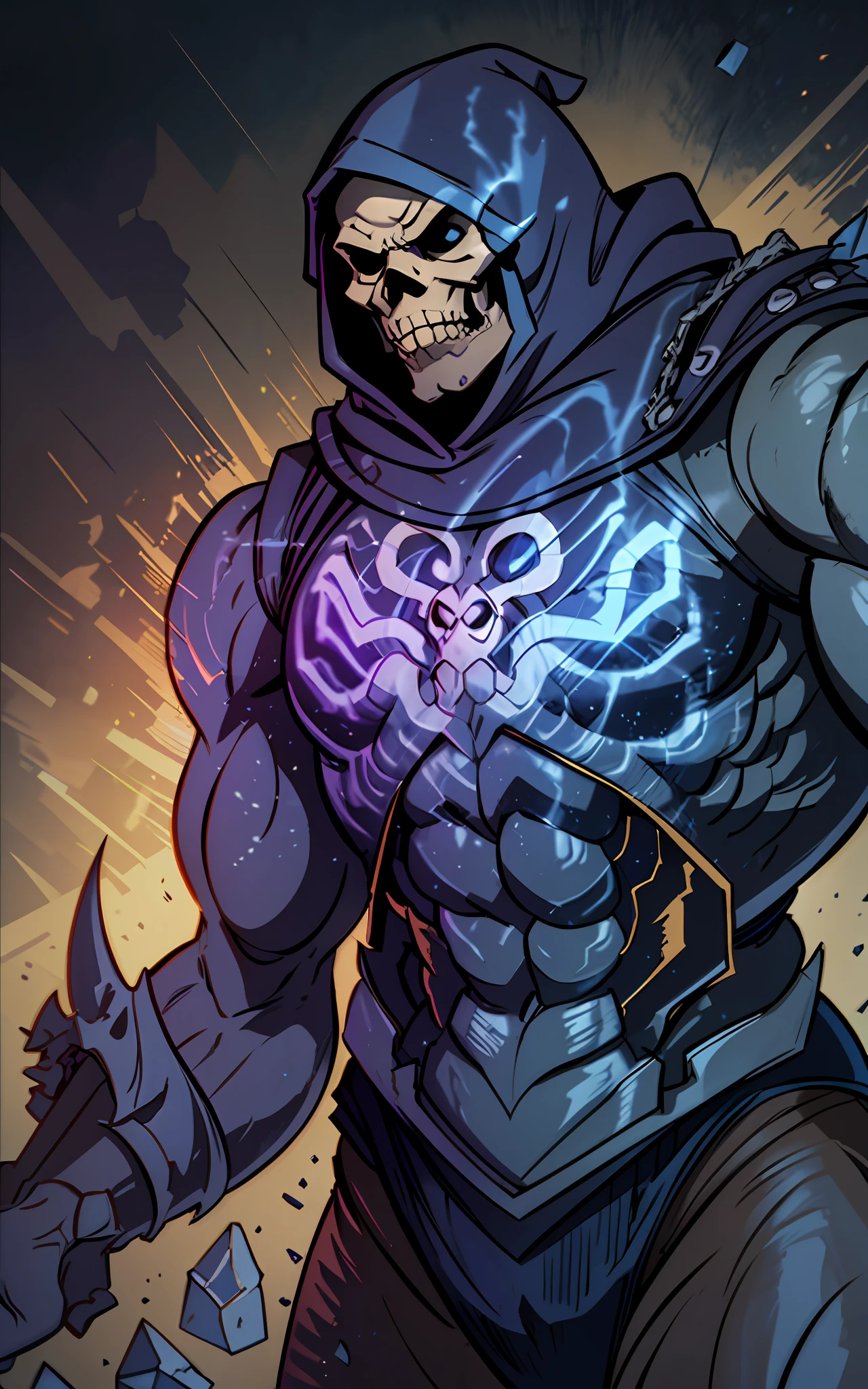 he-man, masterpiece, best quality, intricate, high detailed, absurdres, perfect, 1man, solo, male focus, hood, skeleton, skull, hood up, muscular, toned muscles, heroic stance, dark dungeon, volumetric lighting, realistic, photorealistic, inked, light from below, cowboy shot, from below, by joe madureira