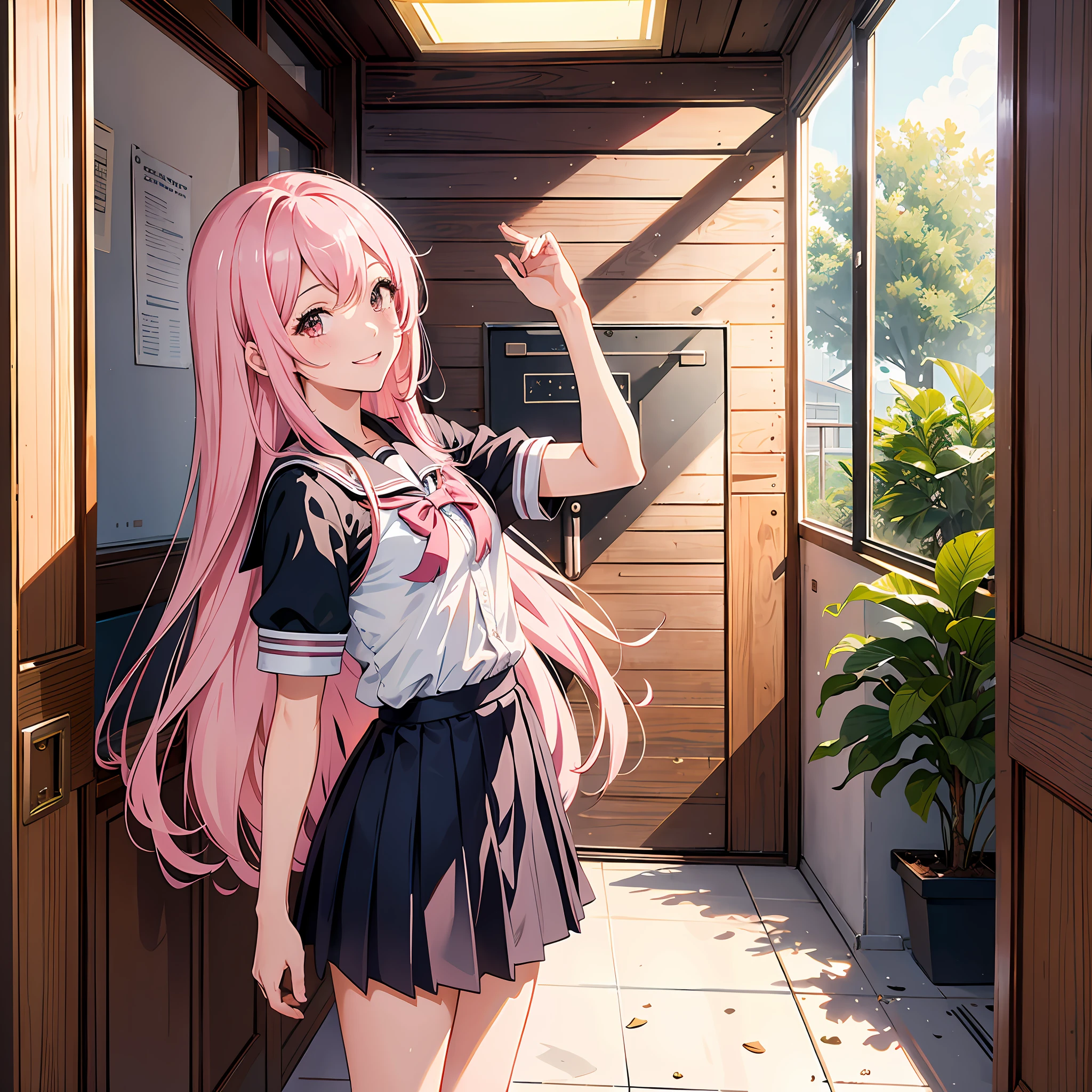 Ultra high resolution, 16k, ((masterpiece)), ((best quality))), ((super detailed)), a girl, long pink hair, smile, high school uniform, in school hallway