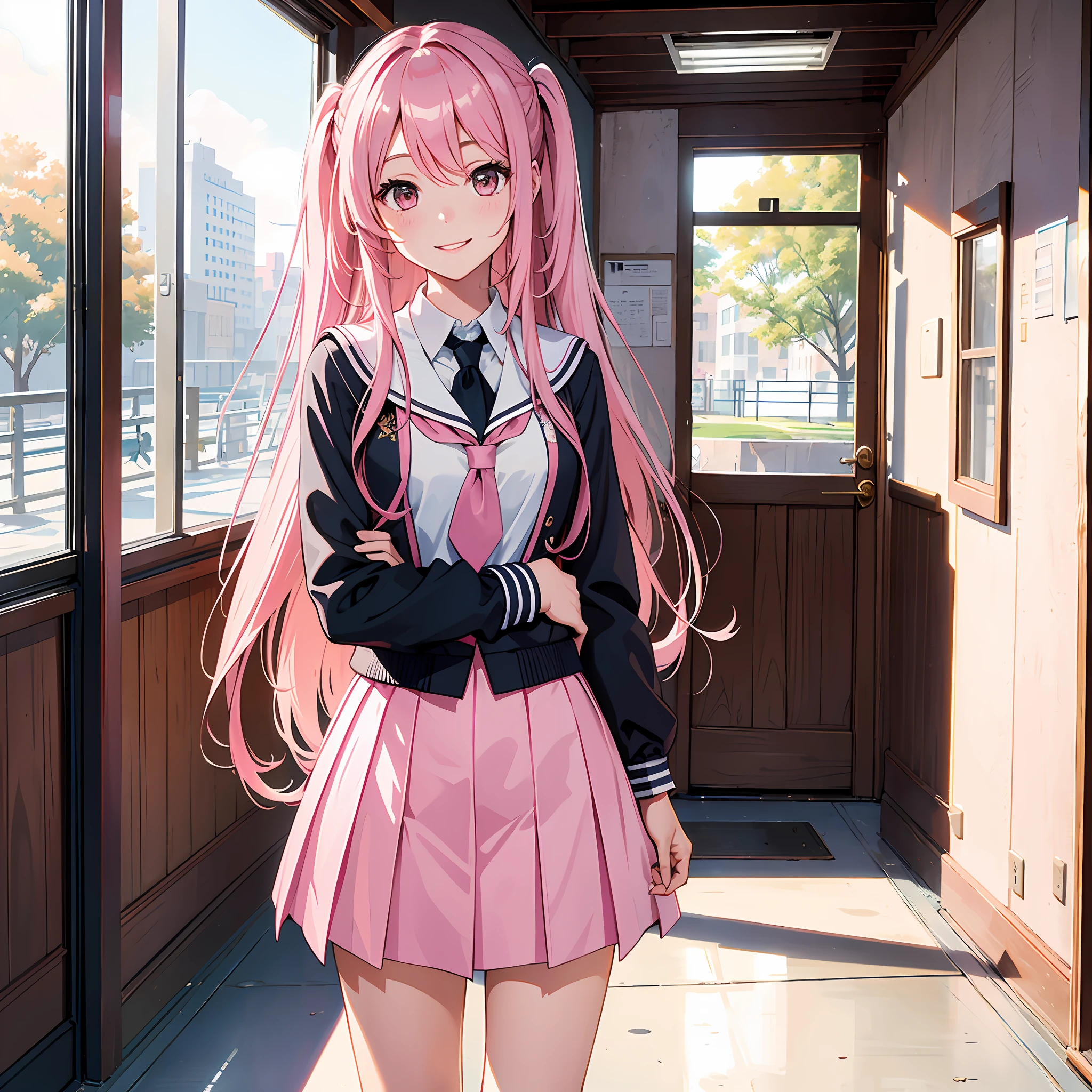 Ultra high resolution, 16k, ((masterpiece)), ((best quality))), ((super detailed)), a girl, long pink hair, smile, high school uniform, in school hallway