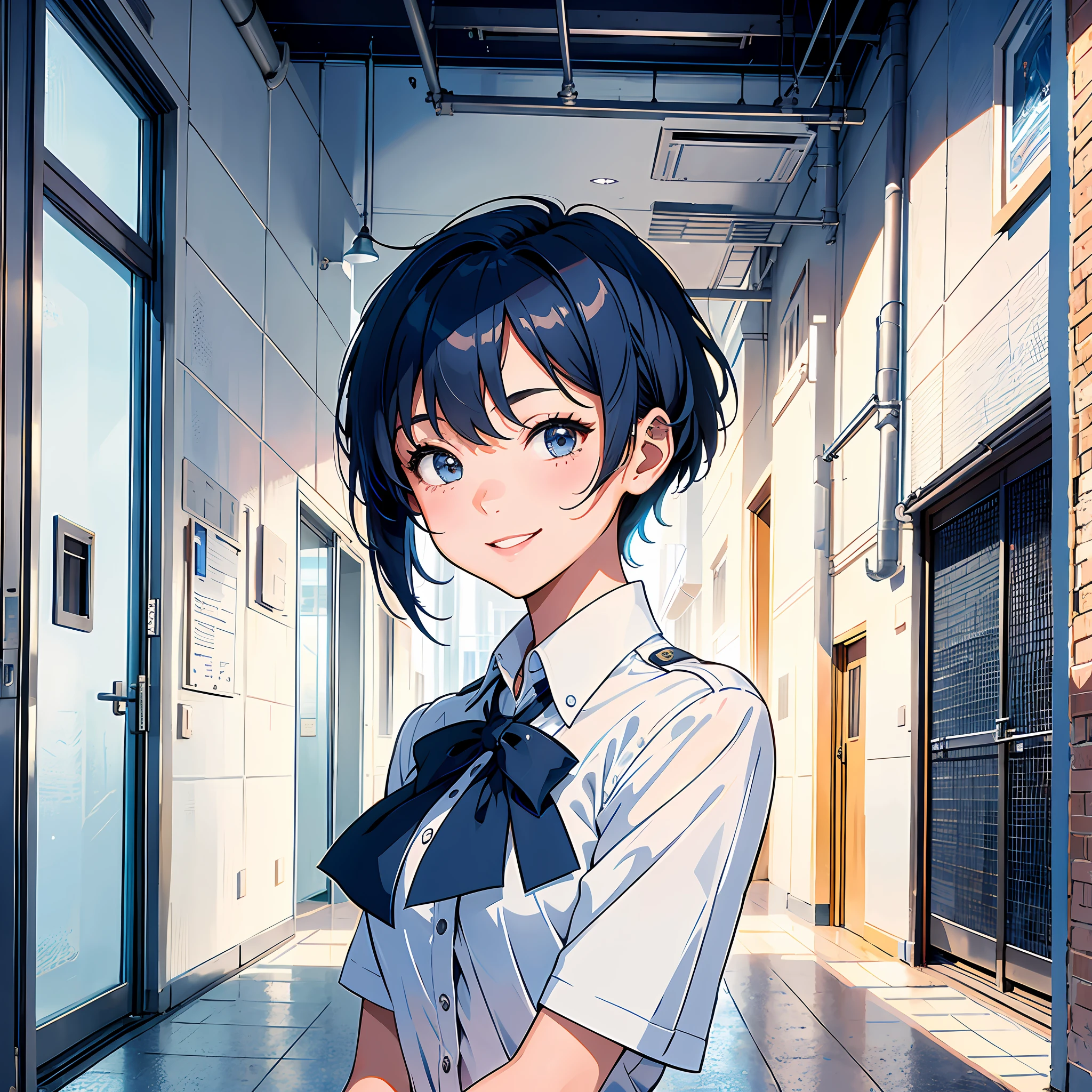 Ultra high resolution, 16k, ((masterpiece)), ((best quality))), ((super detailed)), a girl, short blue hair, smile, high school uniform, in the school hallway