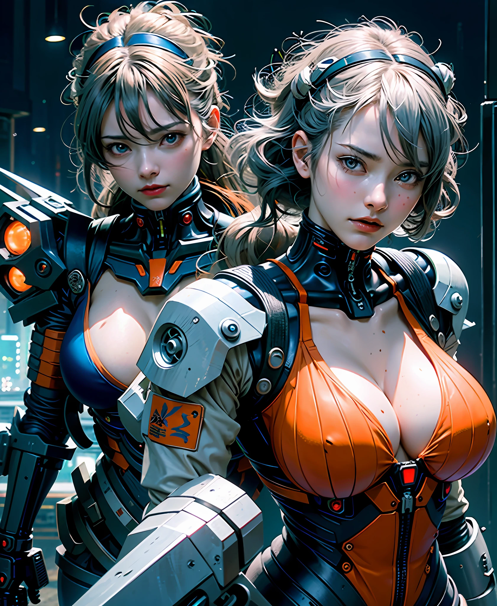 Evangelion girl, big, face and breasts raw, cleavage visible. Photorealistic, Portfolio, Gundam-style metal mech suit, cyberpunk, metallic, detailed mecha parts, bunch of thin tubes, metal cylinder, detailed neon, fine LED, gray hair, long fluttering hair, strong wind, orange eyes, shining eyes,