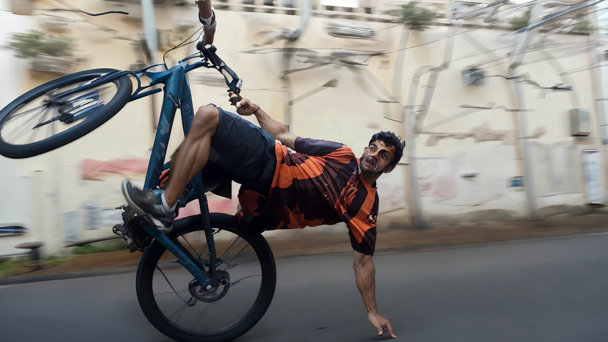 arafed man doing a trick on a bicycle on the street, trying to ride it, riding a bike, insane action pose, really trying to ride it, cycling!!, wheelie, extreme pose, bicycle, very artistic pose, posing like a falling model, rides a bike, dramatic pose, motivational, extreme low angle long shot, fun pose --auto --s2