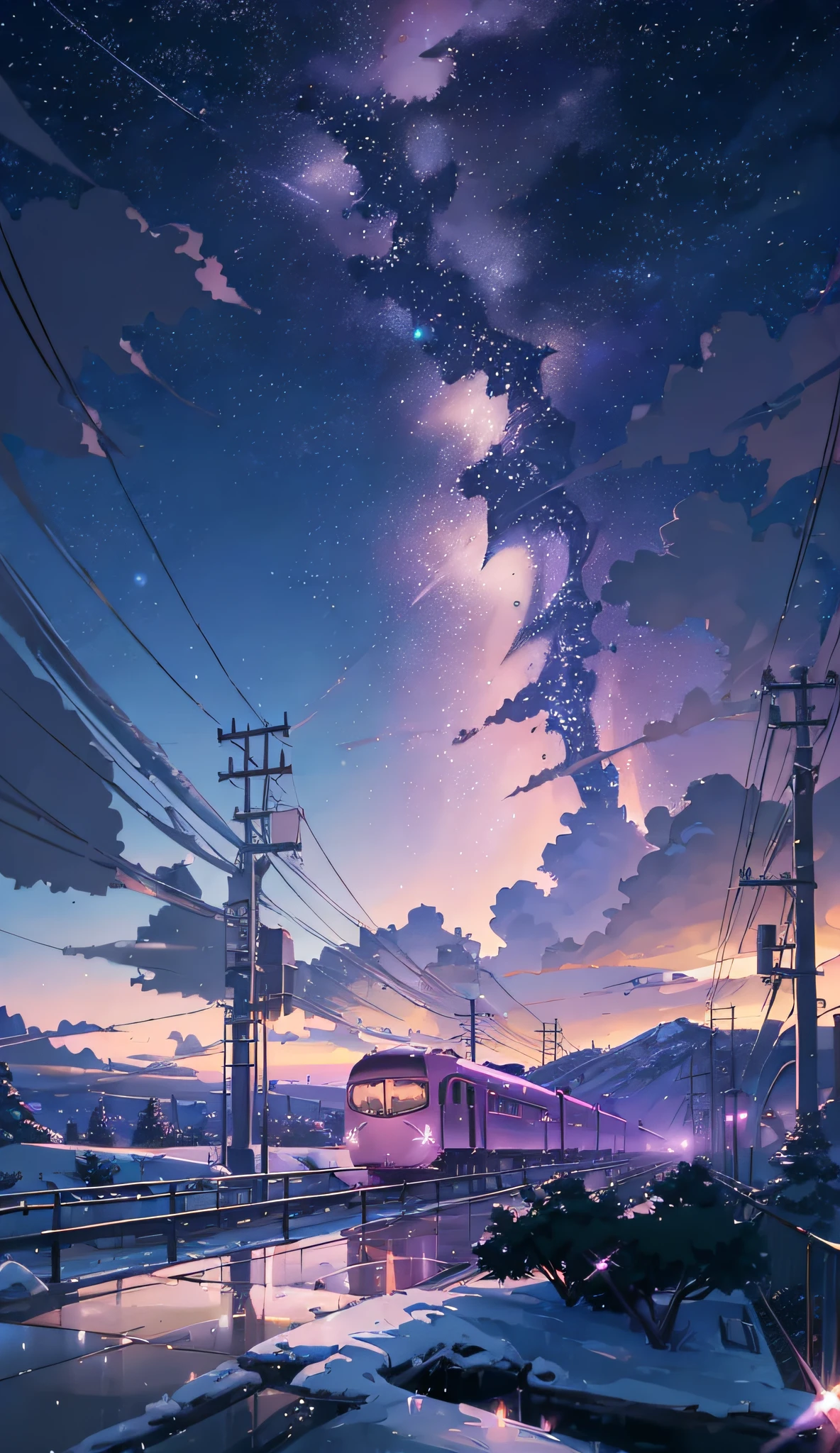 (((Makoto Shinkai style)),pixiv,anime drawing,high quality,pink purple sky,beautiful scene),(universe,train passing,magical realism,((makoto shinkai style)) ::0.8), [Artistic Atmosphere, Atmosphere:0.8, Starry Sky, Hills, Snow Mountain, Sparkling Water, Grass, Trees, Smoke, Stars, Low Angle of View, Specular Scattering,