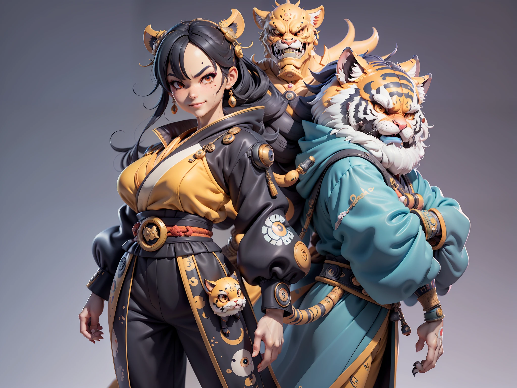 (Masterpiece), (Extreme Quality), (Super Meticulous), (Full Body: 1.2), Super Young Woman, Japanese Female Geisha, Beautiful, Chinese Ascension Dragon, Tiger, Wind God Thor, Sexy, Bursting, Oriental Face, TV Anchor, Bust Portrait Illustration, Alone, Black Suit, Blue Tie, Slightly Chubby, Very Clean Face, No Beard, Black Super Short Hair, Black Eyes, Confident Smile, 3c Computer Sub-Products, iPad, iPhone, Digital Painting, 3D character design by Mark Clairedon and Pixar and Hayao Miyazaki and Akira Toriyama, the illustrations are HD illustrations in 4K resolution with highly detailed facial features and cartoon-style visuals.