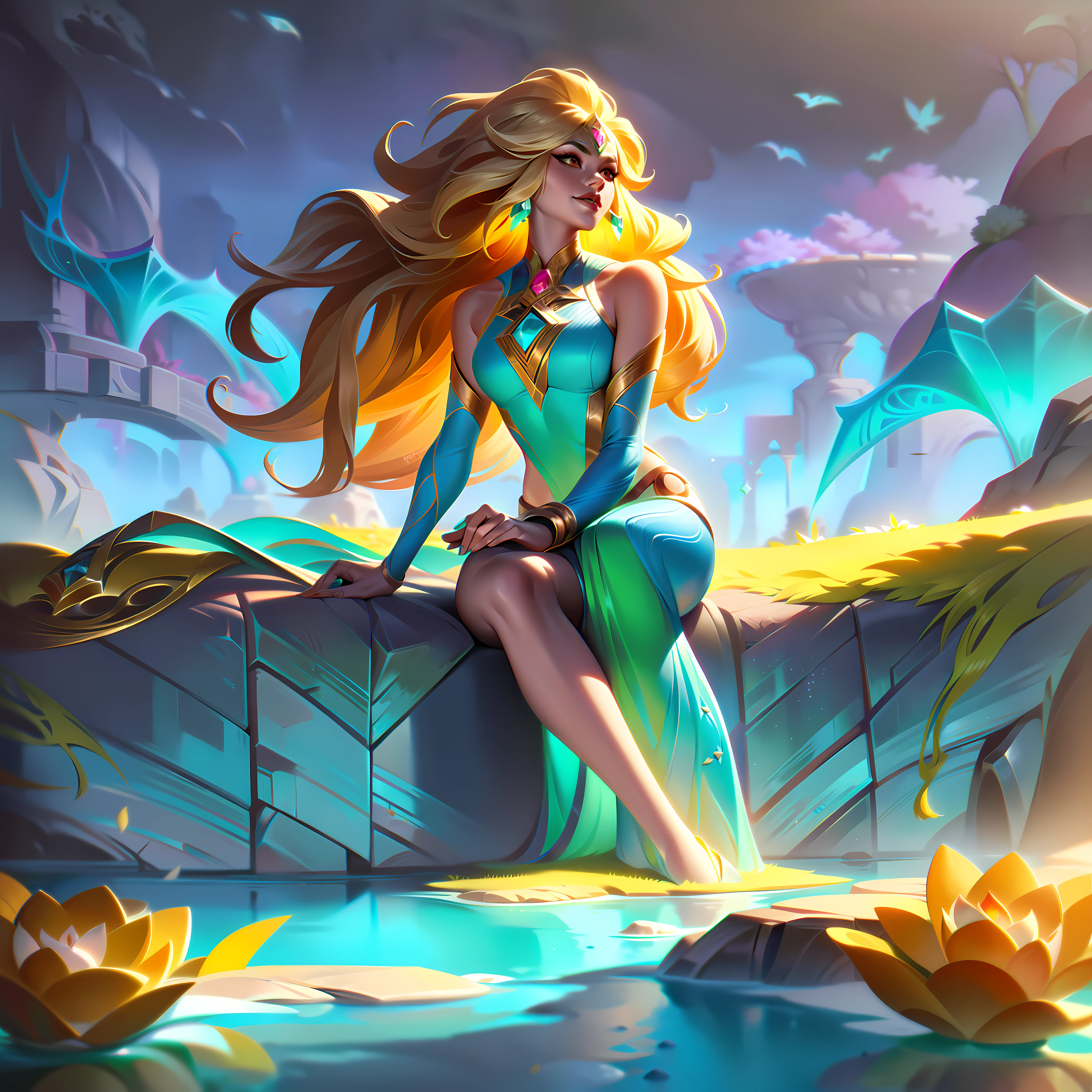 Nilah from League of Legends, but with long, curly blonde hair holding her whip with flowers encrusted so that they look like they're shoots, she's sitting gracefully on a rock above a water-green crystalline lake with pale yellow flowers, her garment with yellow pastel tones and colorful textures with perfect and prestigious shading,  splashart, body lines, vibrant colors, exquisite details, cinematic, artstation, detailed face, by rossdraws, by Kienan Lafferty