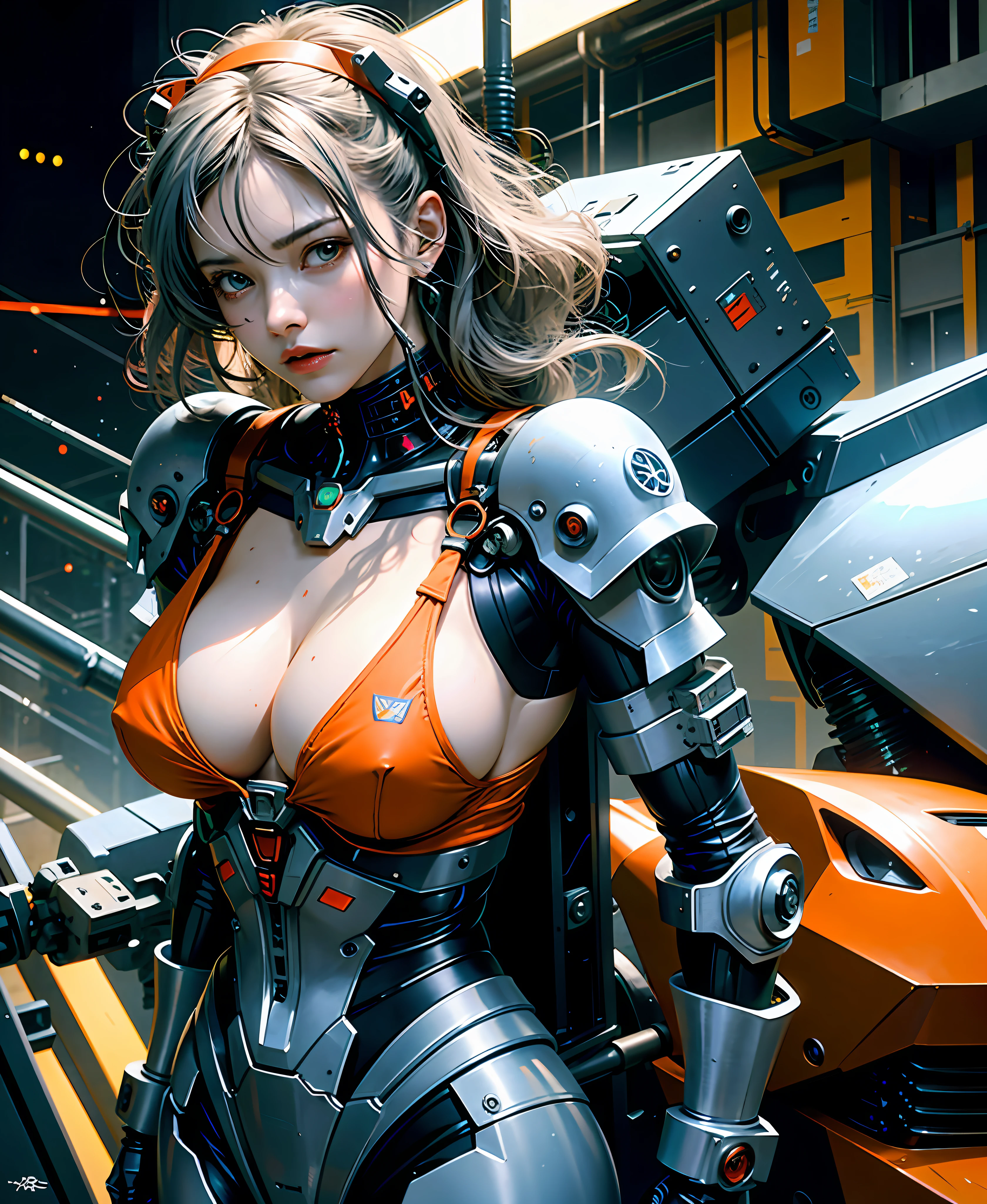 Evangelion girl, big, face and breasts raw, cleavage visible. Photorealistic, Portfolio, Gundam-style metal mech suit, cyberpunk, metallic, detailed mecha parts, bunch of thin tubes, metal cylinder, detailed neon, fine LED, gray hair, long fluttering hair, strong wind, orange eyes, shining eyes,