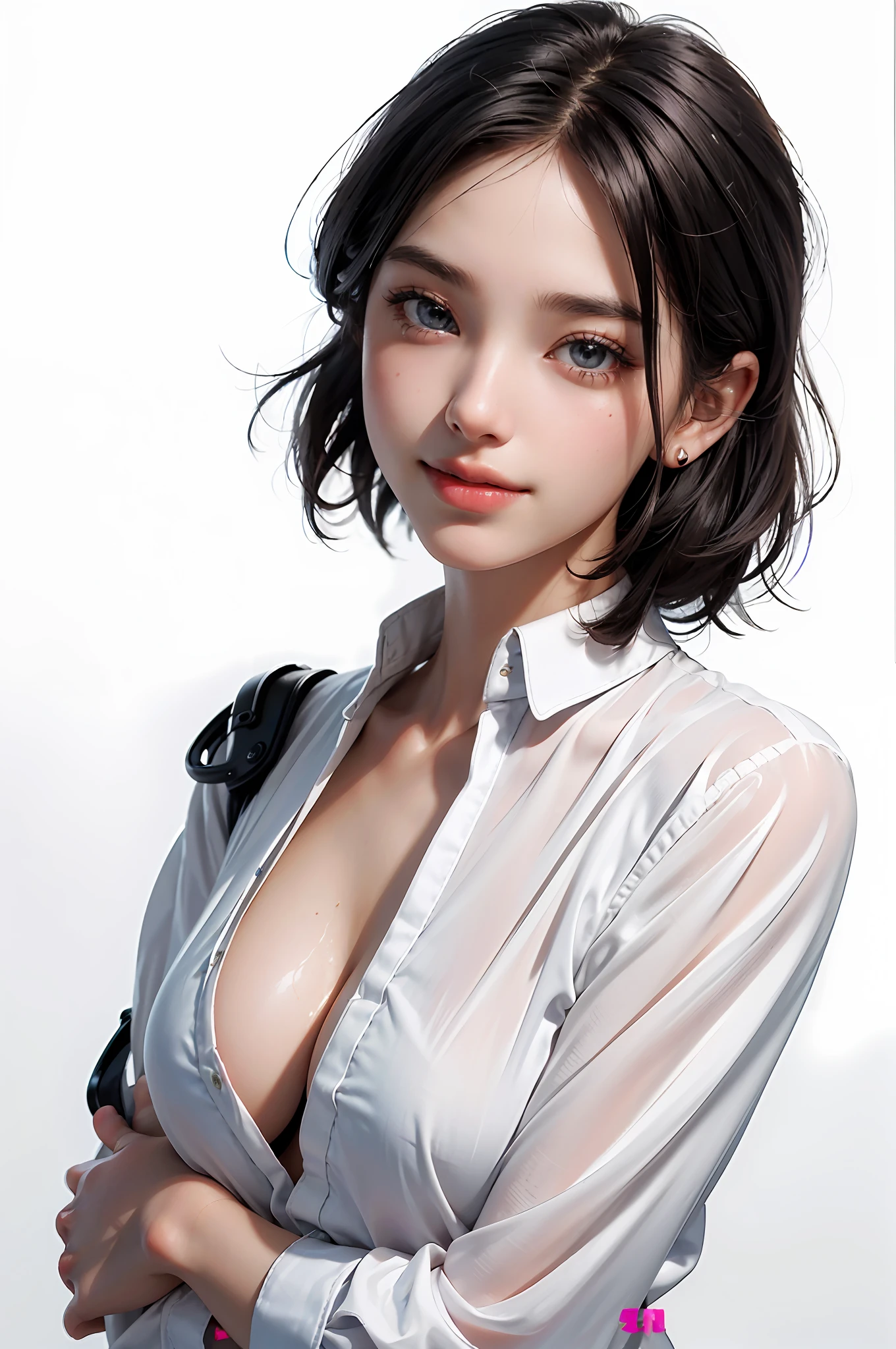 Top Quality, White Skin, Real Human Skin, (Detailed), Oval Face, Pore, Ultra High Resolution, (8k, RAW Photography, Photorealistic: 1.4), One Woman, Slim, Happiness (Gentle and Goddess-like Eyes) Happiness: 1.2), (Lip Gloss, Eyelashes, Clear Double, Clear Eyes, Smile, Smile, Teeth, Gloss Face, Top Quality, Ultra High Resolution, Wide Illumination, Natural Shading), oversized jacket, fashion shirt, white background, light background, big breasts, gloss on chest, glossy skin, short bob hair, ears out