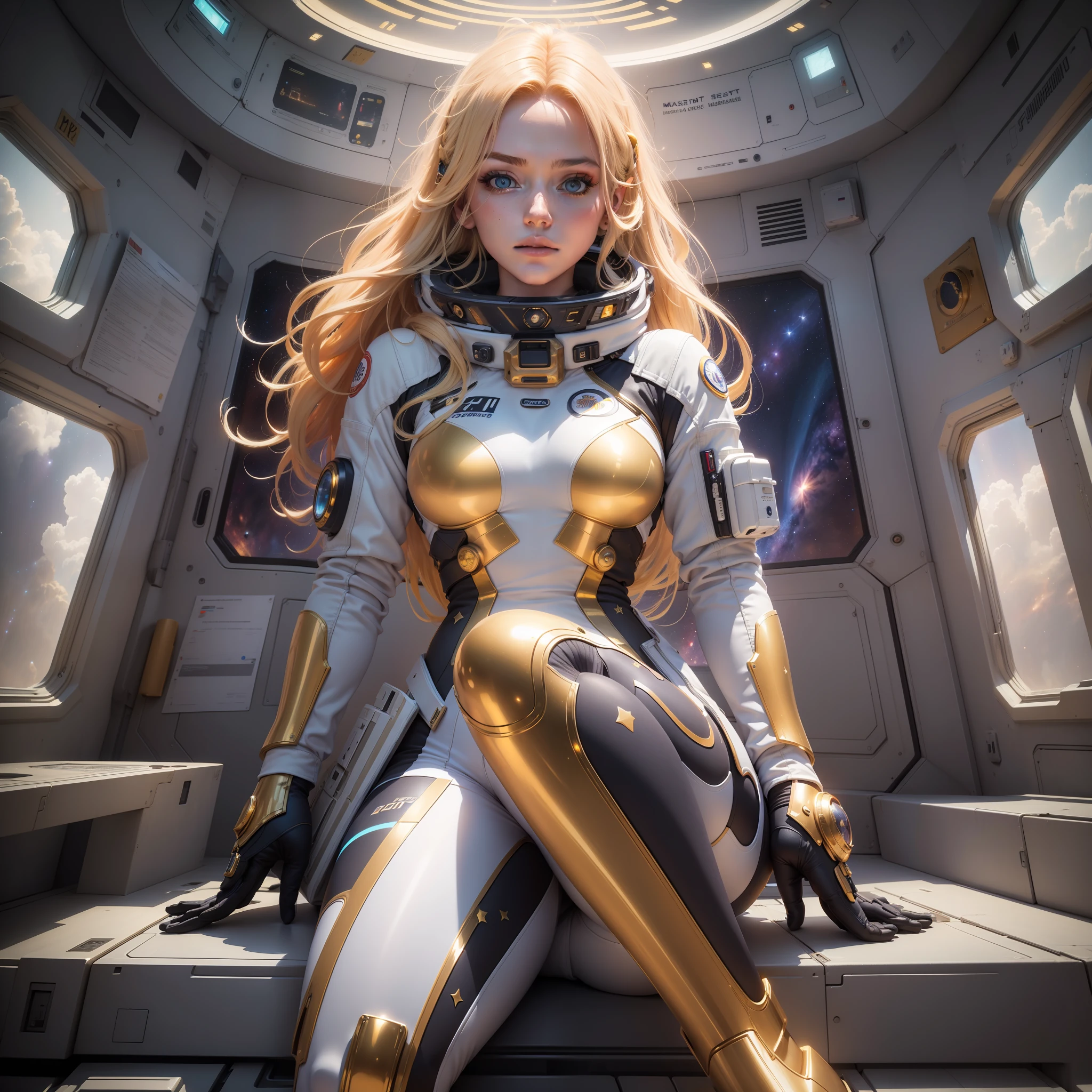 ((masterpiece 1.2)), high details, full body, hands in gassho meditation, space suit, woman with piercing gaze, golden hair, inside a spaceship, galaxy background by the windows, (4K), cinema, dramatic lighting, deep shadows, (intense HDR), canon lens, sparkle